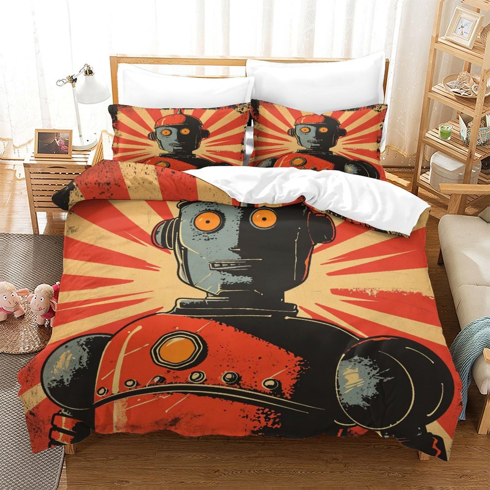 P1S9U7W5Y Retro Robot Design 3D Printed Microfiber 3pcs Duvet Cover Set Industrial Style Bedding Set King（220x240cm）