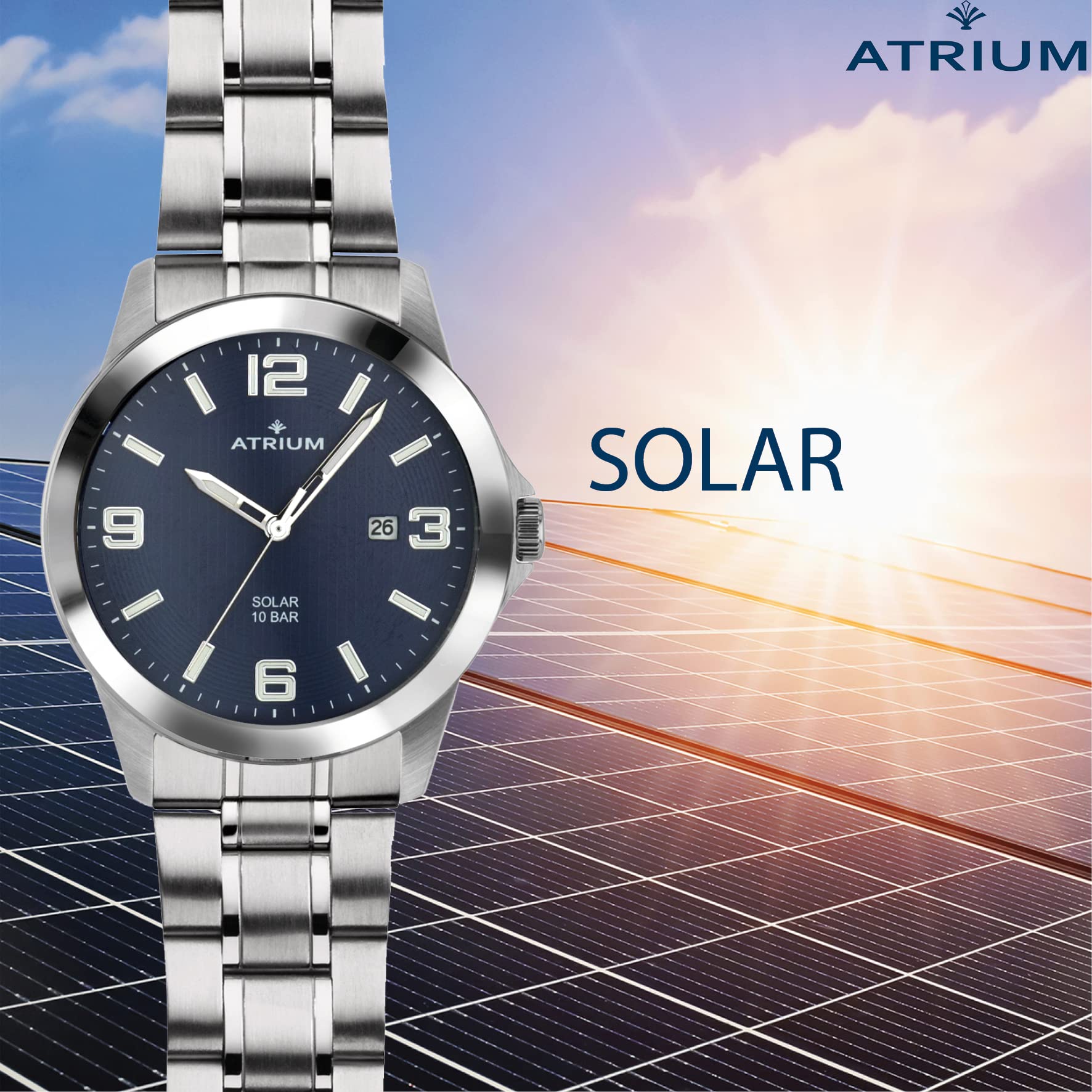 Atrium Herren-Armbanduhr Solar Edelstahl Analog 10 bar mit Edelstahl Armband und Datum Anzeige silberfarben blau A32-35