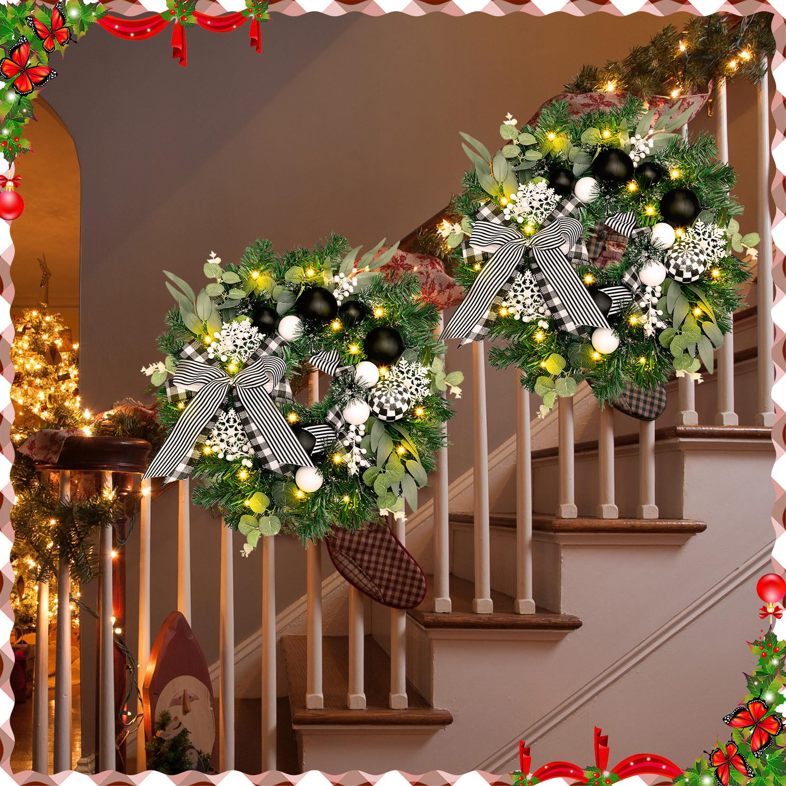 Knitgrip Couronne de Noël pré-éclairée pour porte d'entrée - Couronne de Noël avec boule de Noël noire et blanche et nœud de buffle - Couronne lumineuse à 20 LED pour les vacances, l'intérieur, le