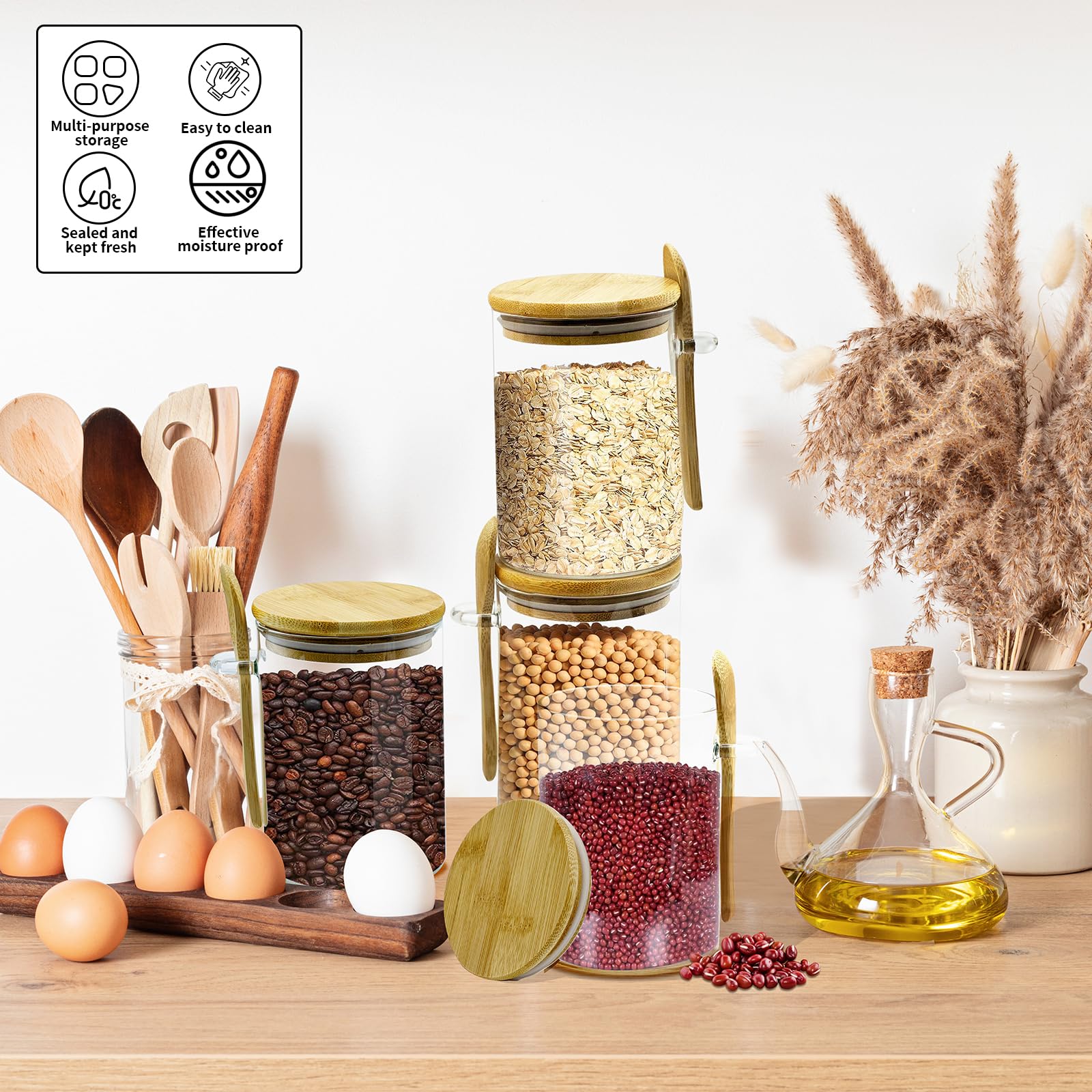 Steviieden 24oz Airtight Glass Jar With Bamboo Lid & Spoon - Overnight Oats & Coffee Storage - View #4