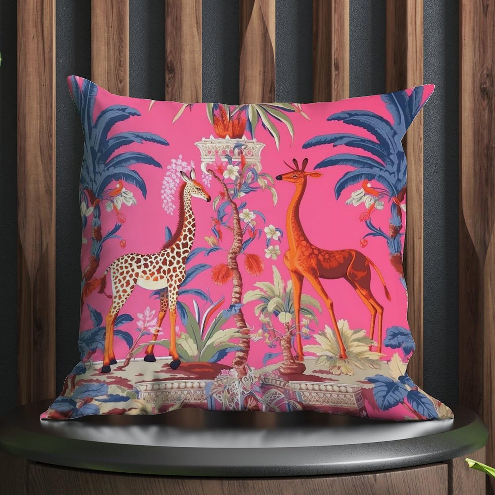 COVOME Animal Pink Chinoiserie Outdoor Throw Pillow Covers Thailand Giraffe Jungle Waterproof Throw Pillowcase 24x24 in Abstract Accent Cushion Cases for Patio Couch Bench