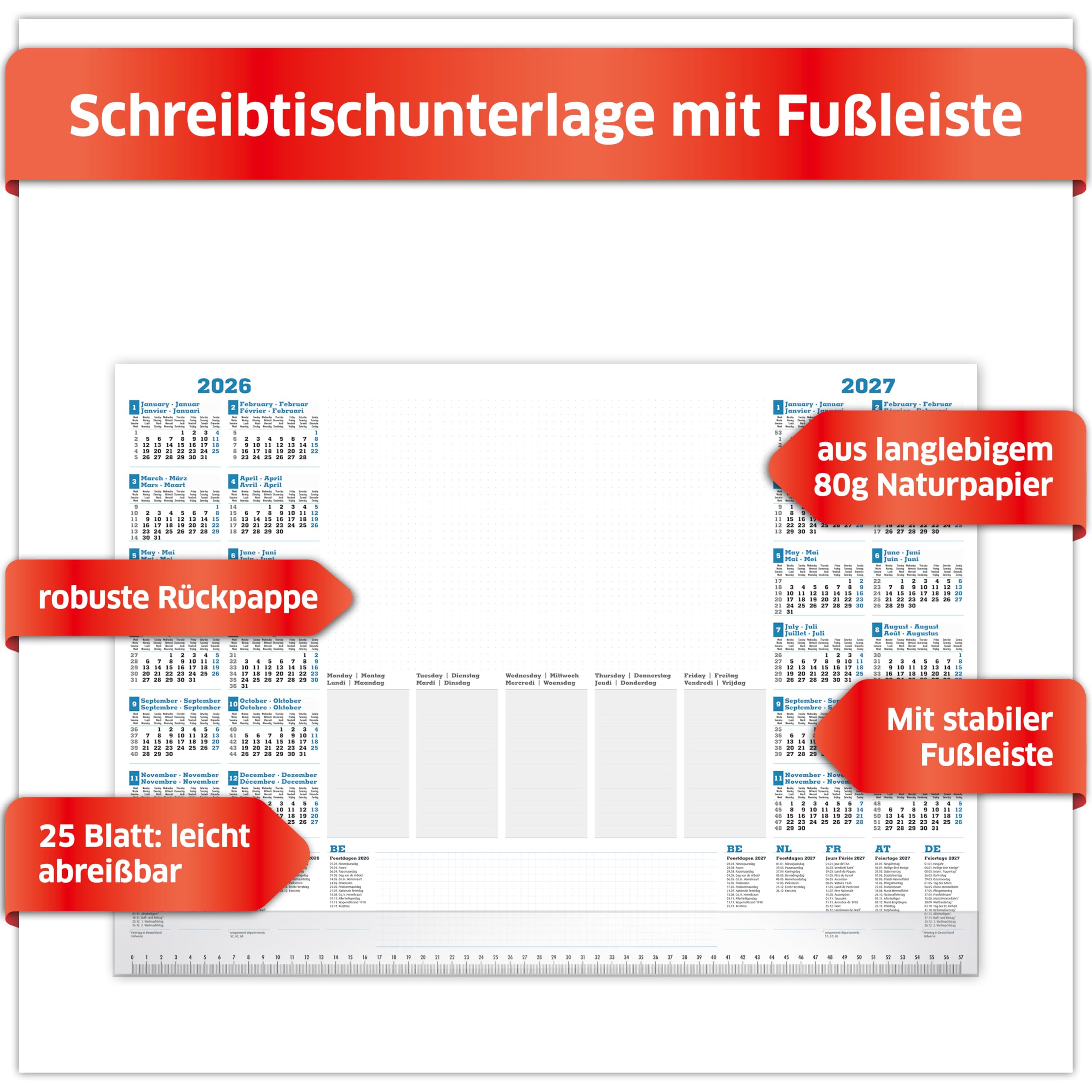 PRIMUS PRINT Schreibtischunterlage Papier DIN A2-2026 & 2027 Jahreskalender - 80g Dickes Naturpapier - Stabiler Papprücken - 25 Blatt - mit Schutzleiste - Büro und Homeoffice [10er Set]