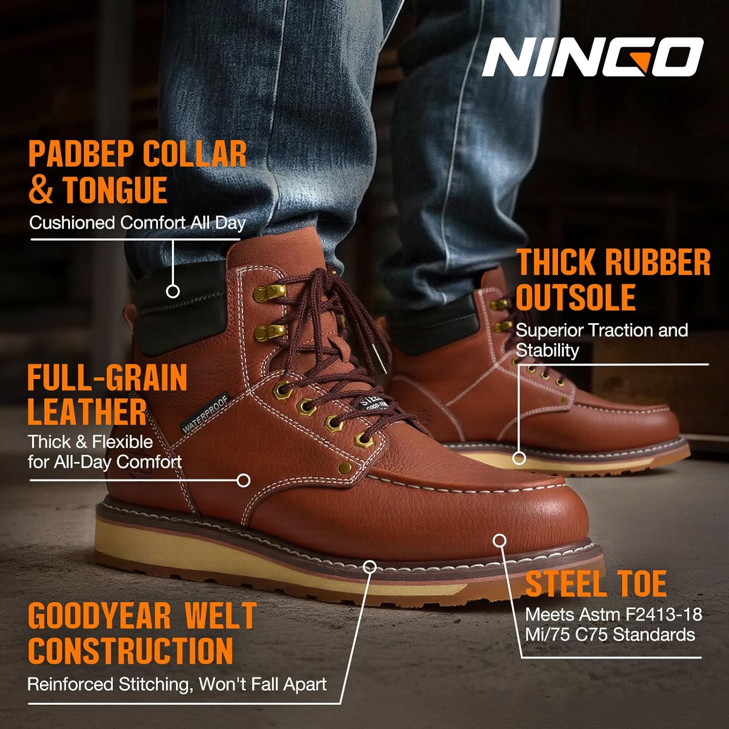NINGO Steel/Soft Toe Work Boots for Men, 6 Inch Waterproof Mens Wedge Moc Toe Boots, Full-Grain Leather, Oil and Slip-Resistant Safety Boots, EH Protection,Work Boots for Construction, Industrial - Image 2