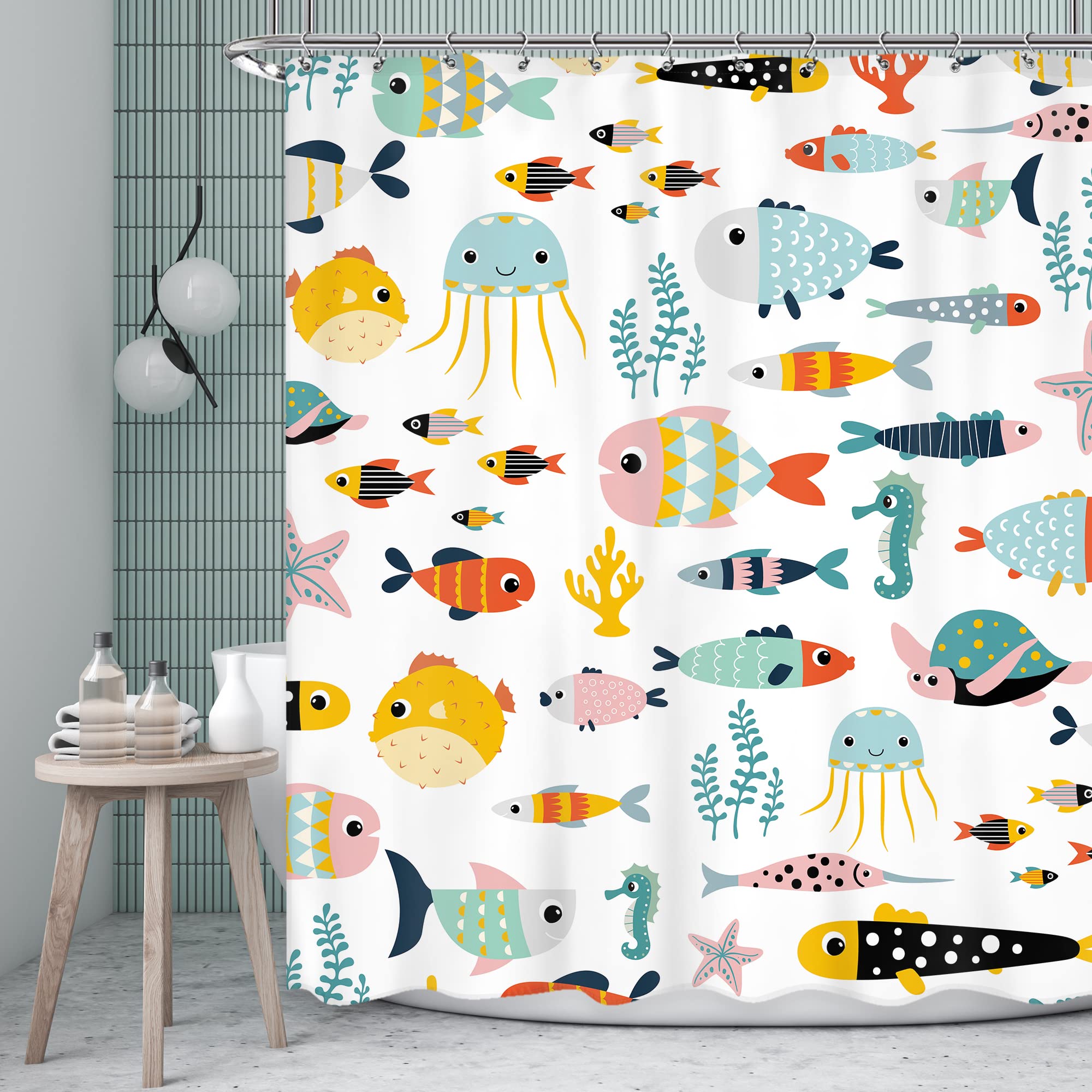Ufeela Fish Shower Curtain 60Wx72L Inch Colorful Cartoon Nautical Ocean Animal Cute Lovely Shower Curtain Bathroom Set Coastal Sea Theme Child Boys Kids Bath Curtain Bathtub Accessories Home Decor