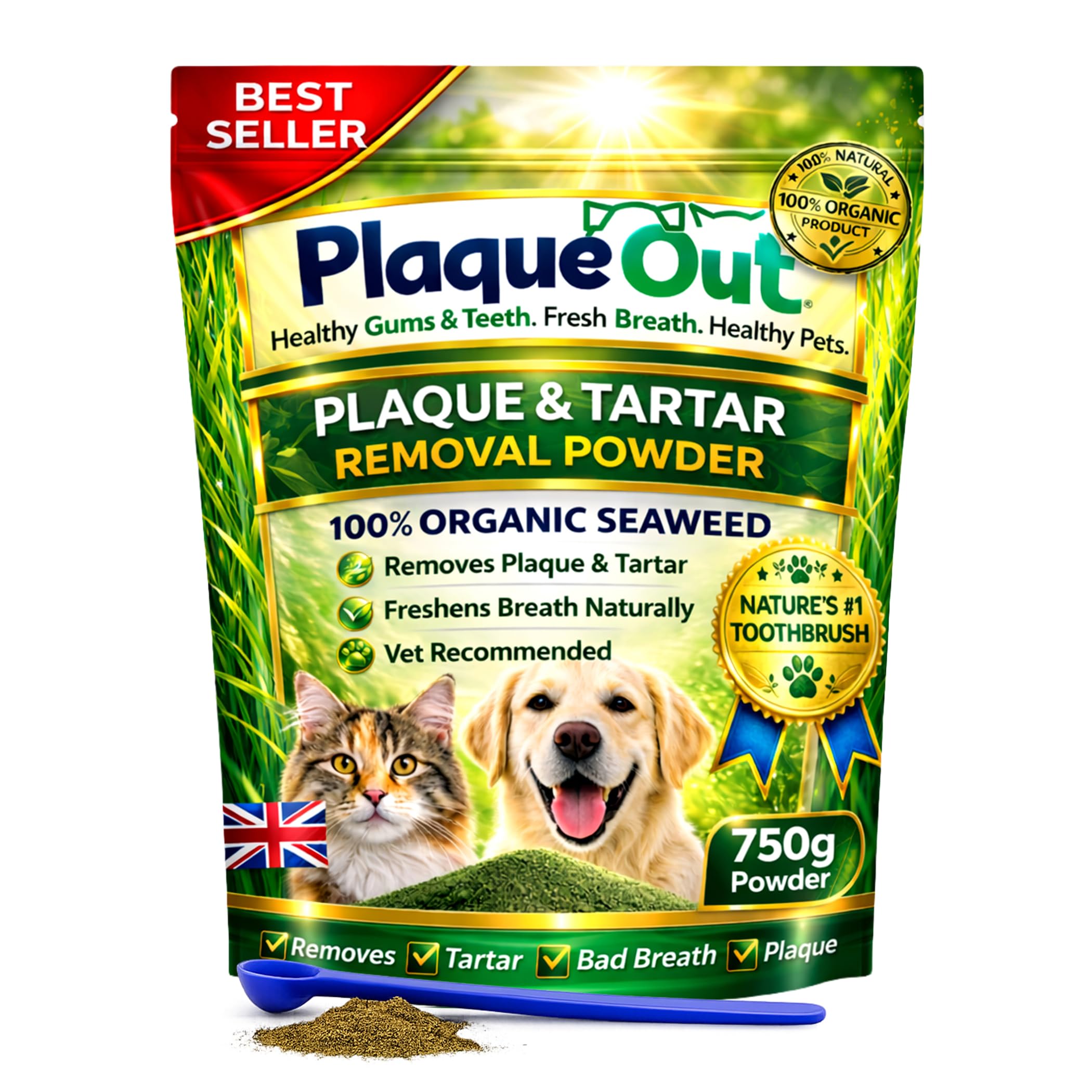 PLAQUE OUT Extractor de placa de sarro en bolsa, 100 % natural y orgánico, cuidado de las encías de los dientes del mal aliento para perros y gatos (750 g)
