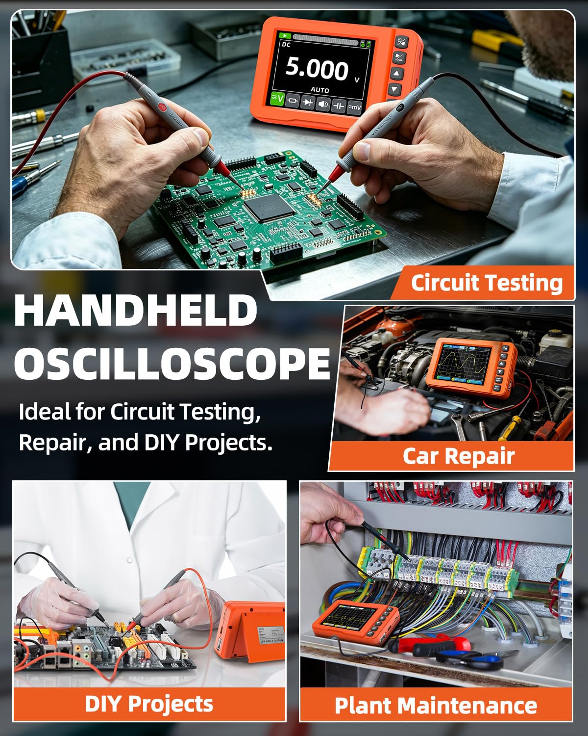 Osciloscopio Portátil 3 en 1, 15MHz 60MS/s Osciloscopio Digital Multímetro con Generador de Señales DDS, Medición de Voltaje AC/DC, Capacitores, Resistencias, Prueba de Diodos para Automoción