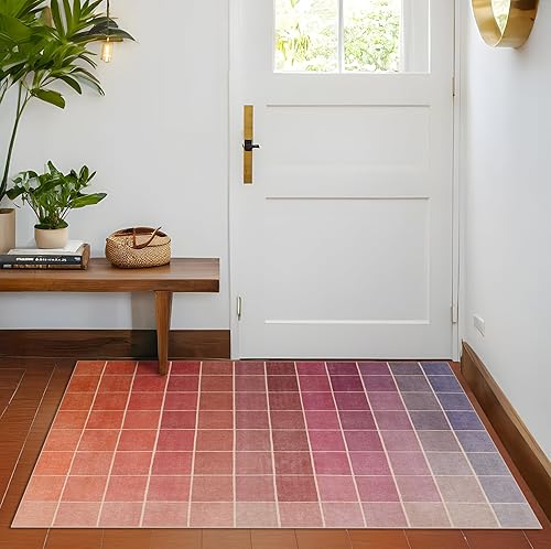 Miniatura 4 de Alfombra moderna de mediados de siglo a cuadros color rosa degradado de 3 x 5 pulgadas, retro, ecléctica, colorida, contemporánea, lavable,