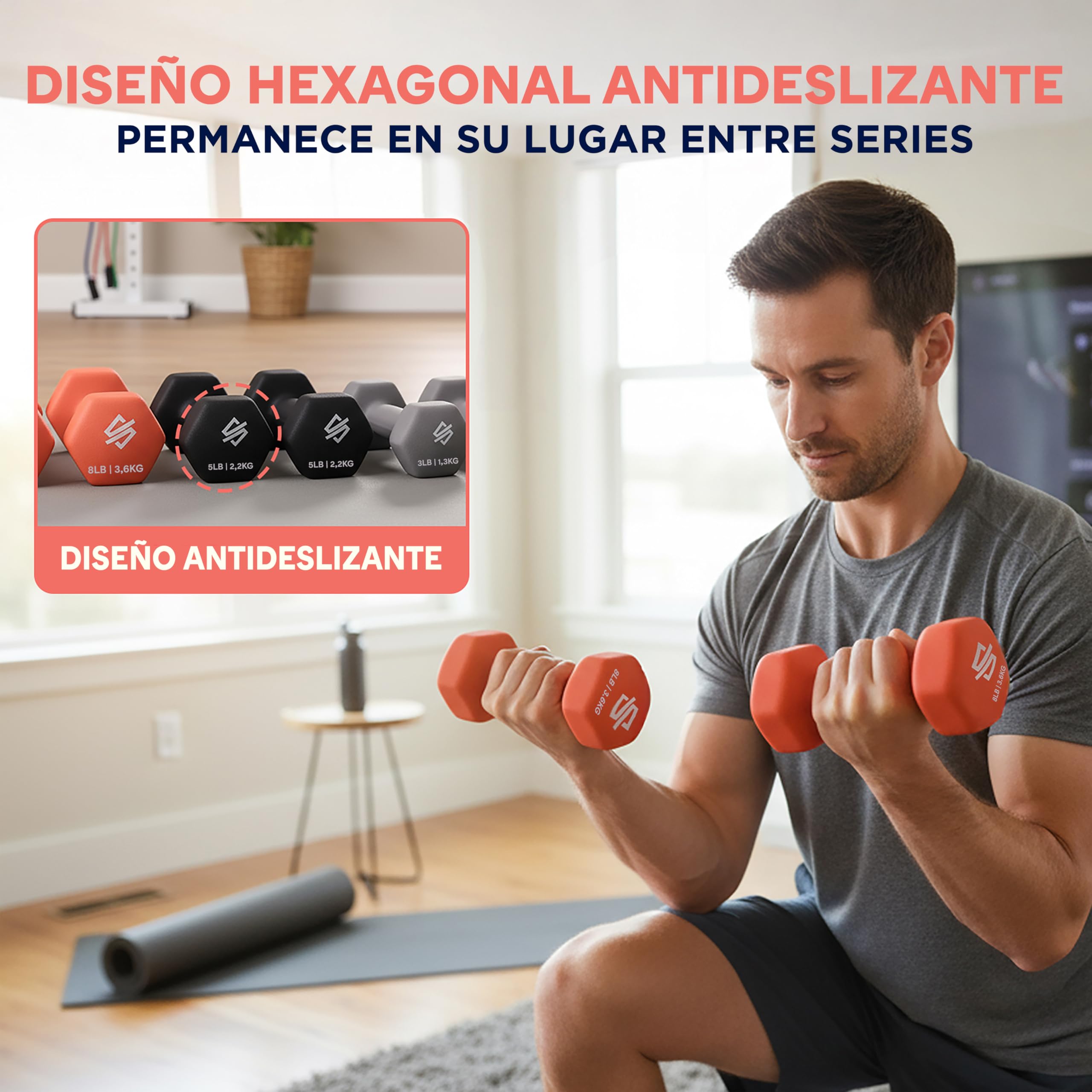 Squatz Set de Mancuernas con Soporte 14.5kgs, Pesas de Neopreno Antideslizantes Hexagonales, Juego de Dumbbells para Fitness, Entrenamiento, Yoga y Ejercicio en Casa