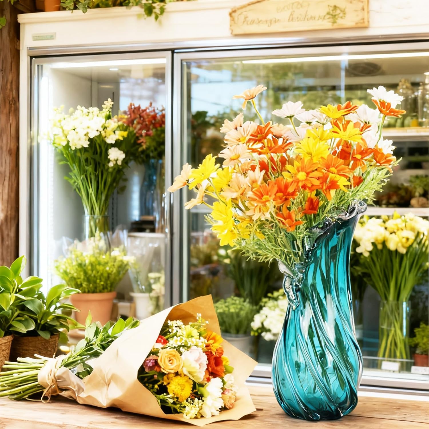 Vases Home Decor - 16In Crystal Vase, Glass Blue Vase, Flower Holders for Bouquet, Centerpieces & Single Stems, Tall for Roses, Dried Flowers, Pampas Grass, Fits Living Room Bedroom Office (L) - Image 2