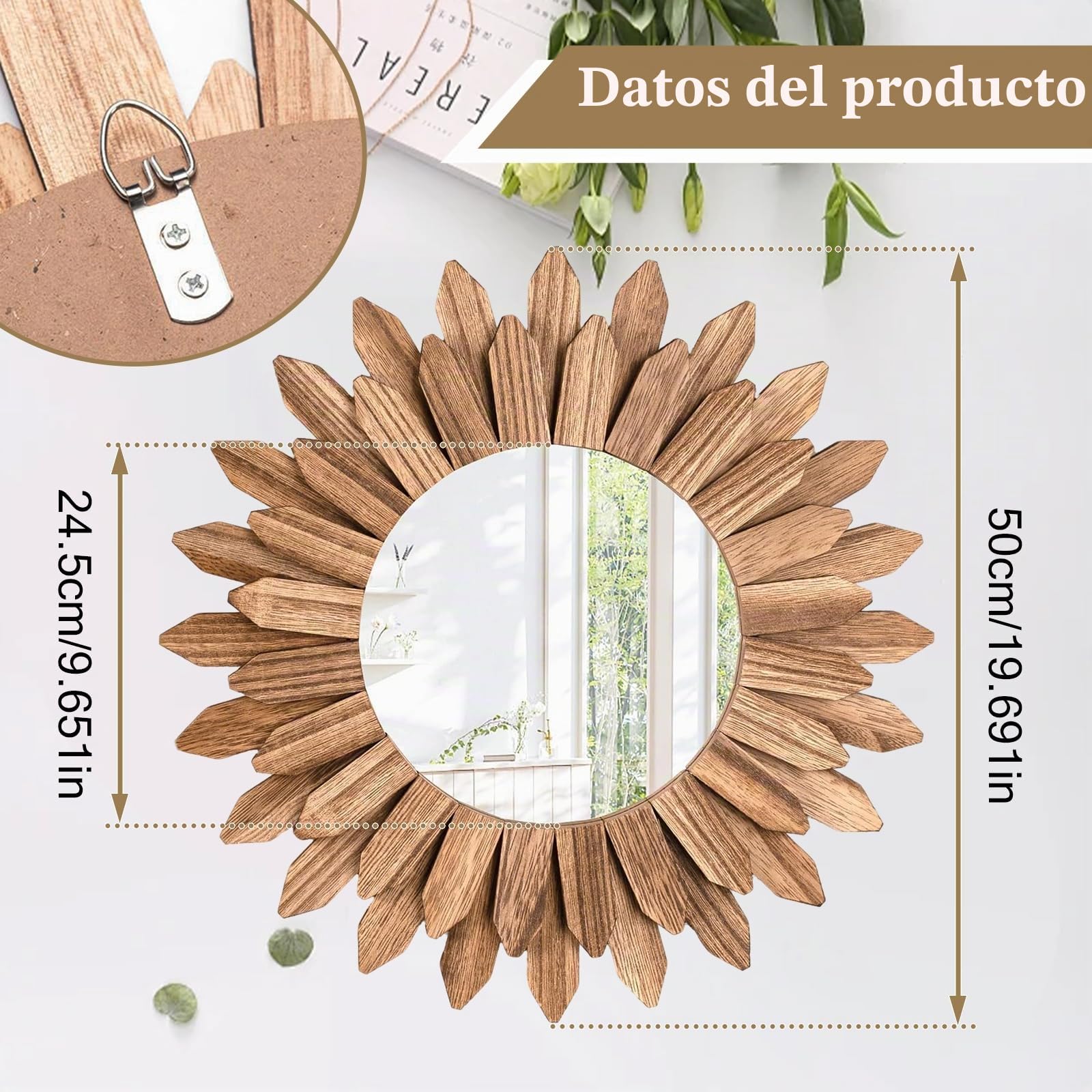 Espejo de pared pequeño redondo Ø50 cm con marco de madera flotante, espejo con marco de madera rústico en marrón natural para estilo campestre/costero/bohemio, para baño, sala de estar