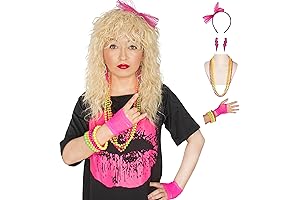 Miss U Hair 80s Retro Wig Blonde Curly Costume Party Cosplay Set with 1980s Accessories