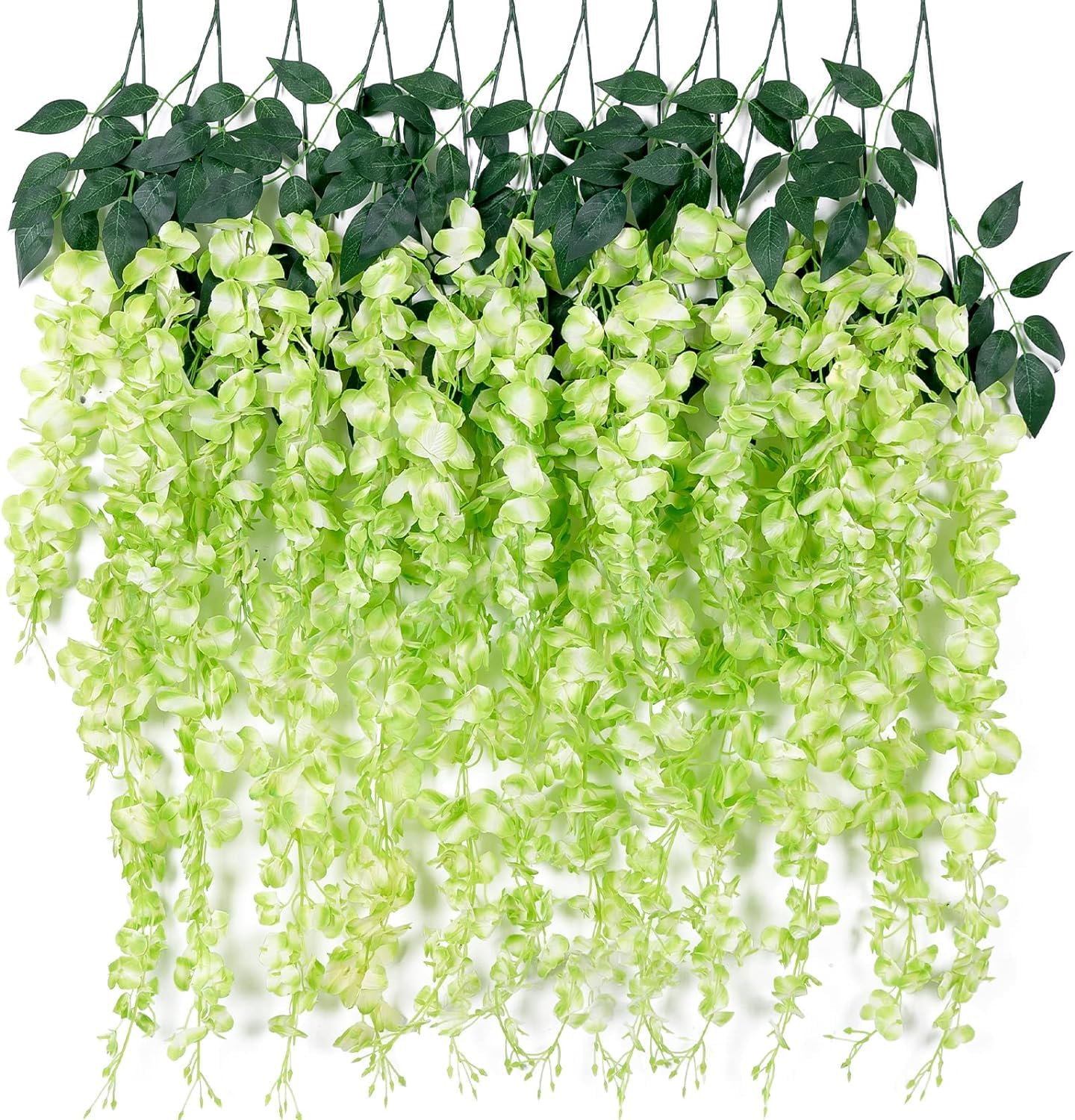 Tifuly Green 12 Pcs Artificial Wisteria Vines, 3.6 Ft Fake Wisterias With 3 Branches, Long Wall Garland Silk Hanging Flower For Home Party Wedding Ceiling Decoration,