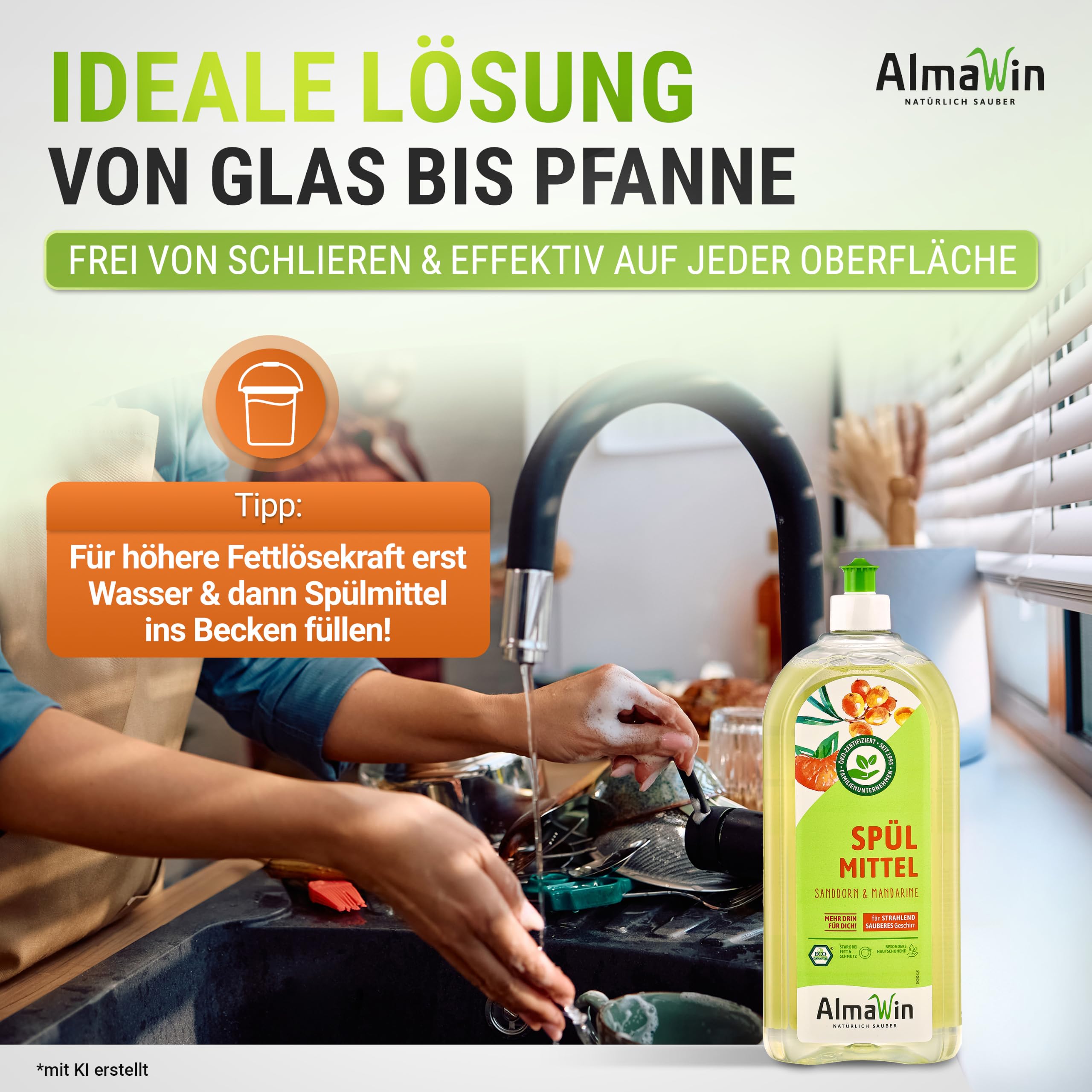 AlmaWin® Spülmittel Öko [20L] mit Sanddorn & Mandarine-Duft - Kraftvolles Geschirrspülmittel flüssig mit hoher Fettlösekraft - Vegan Dish Soap - Ergiebiges Konzentrat im Nachfüllkanister