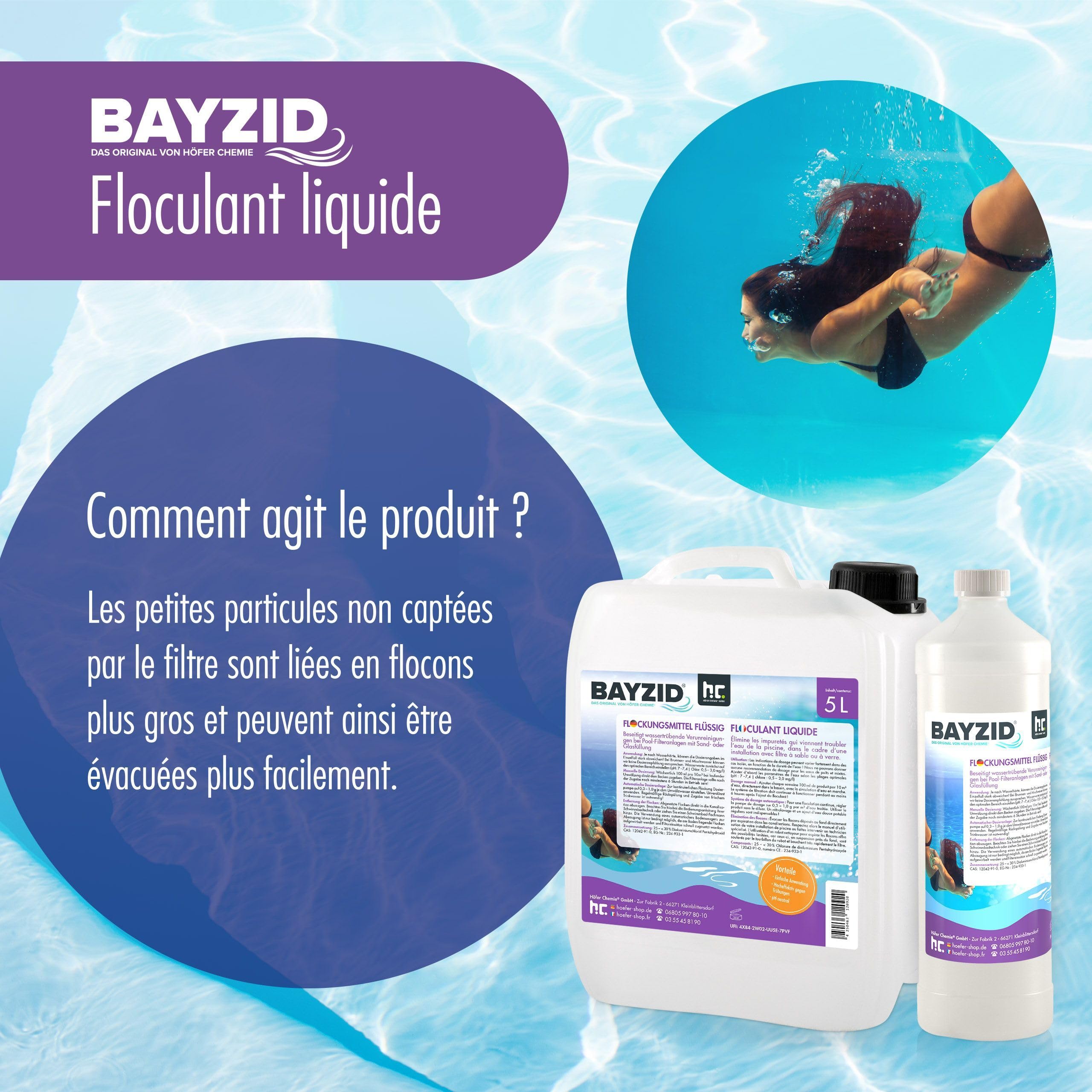 Höfer Chemie BAYZID 1 x 5 L Liquide floculant pour Piscine pour Une Eau cristalline - Facile à Utiliser + très Efficace Contre la turbidité