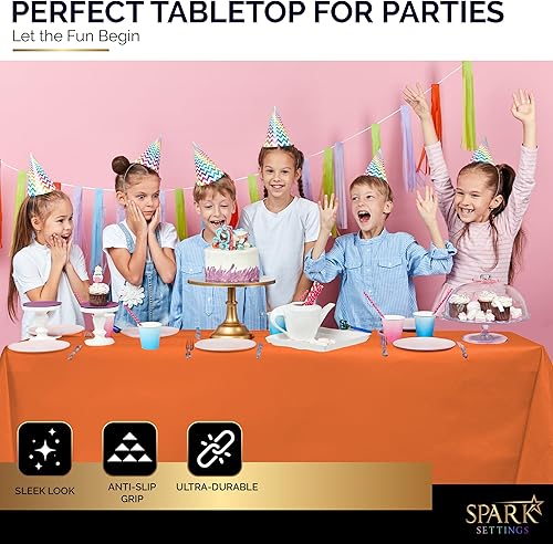 Miniatura 6 de Amcrate Mantel de plástico naranja desechable, paquete de 2 manteles de alta calidad para mesas rectangulares de 54 x 108 pulgadas. Se adapta a