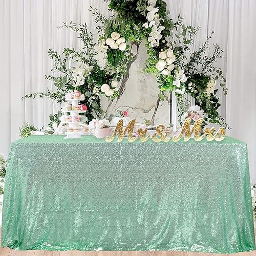 Miniatura 3 de ShinyBeauty Mantel de lentejuelas color verde menta de 50 x 80 pulgadas, funda de mesa rectangular superpuesta de suministros de fiesta de boda,