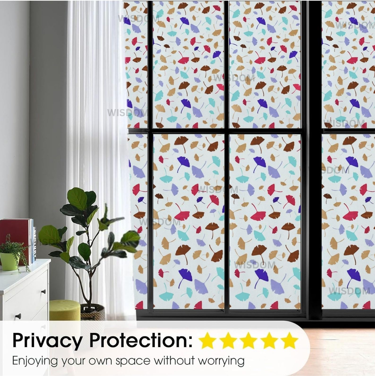 WISDOM Premium Frosted Glass Window Film Self Adhesive Decorative Glass Window Privacy Sheet Film UV Control Removable Vinyl Privacy Film (Color Leaves, 12x36 Inch) 3