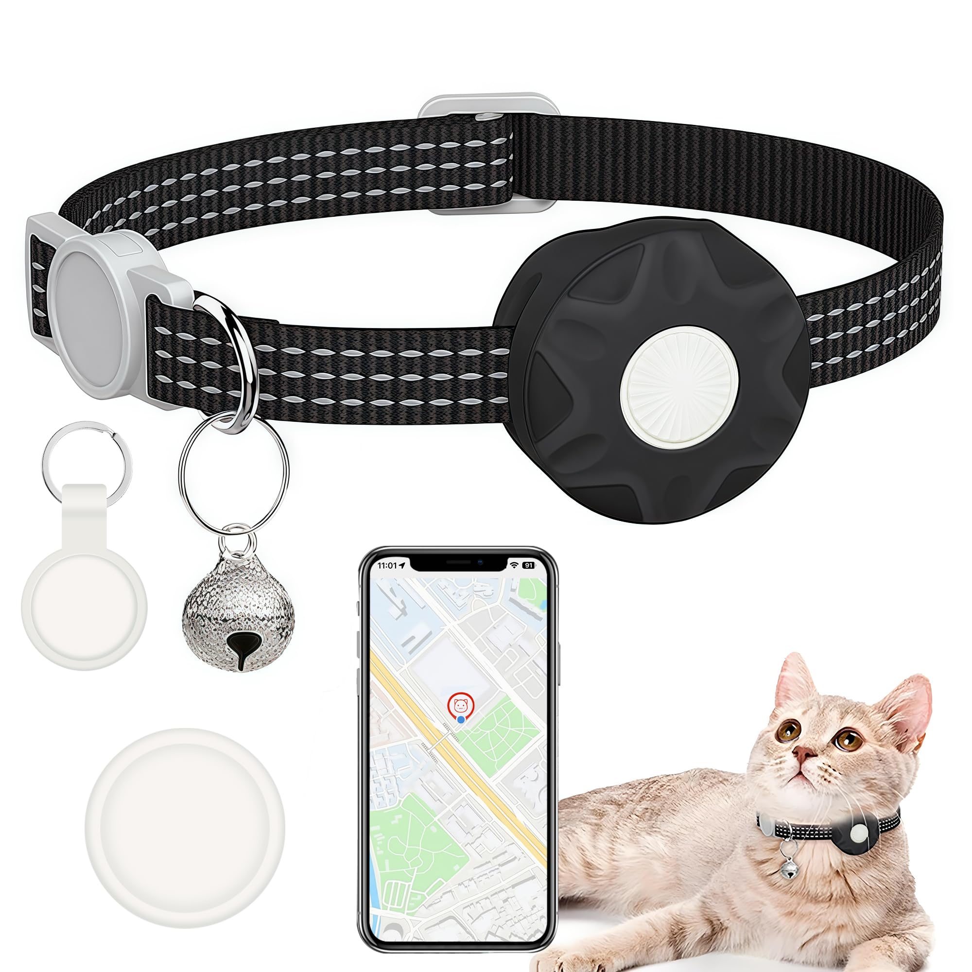 Collar rastreador de gatos, dispositivo de seguimiento en tiempo real para gatos, batería de larga duración, funciona con la aplicación SmartTag para iOS y Android, con patrón reflectante y