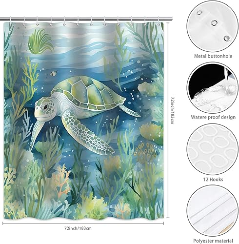 Miniatura 2 de Cortina de ducha de tortuga marina, cortina de baño azul y verde azulado océano, peces bajo el agua, conchas marinas, planta acuática, juego de
