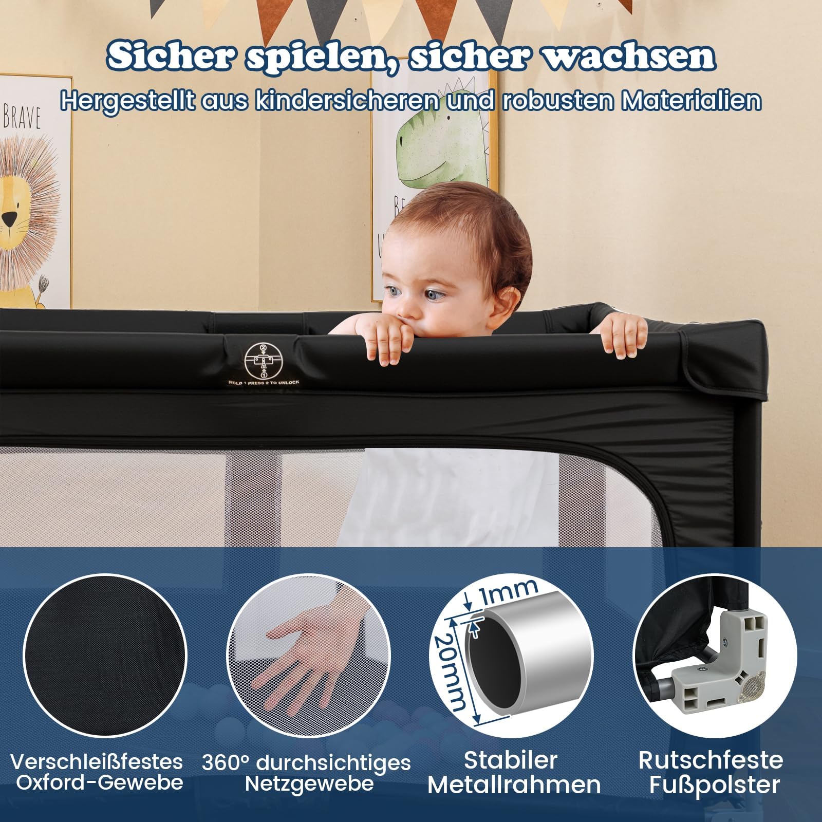 COSTWAY Kojec dla niemowląt, 150 x 150 cm, składany, kojec dla niemowląt z 50 piłkami, 4 uchwyty i bramka z zamkiem błyskawicznym, kratka do raczkowania z oddychającą siatką i torbą do przenoszenia