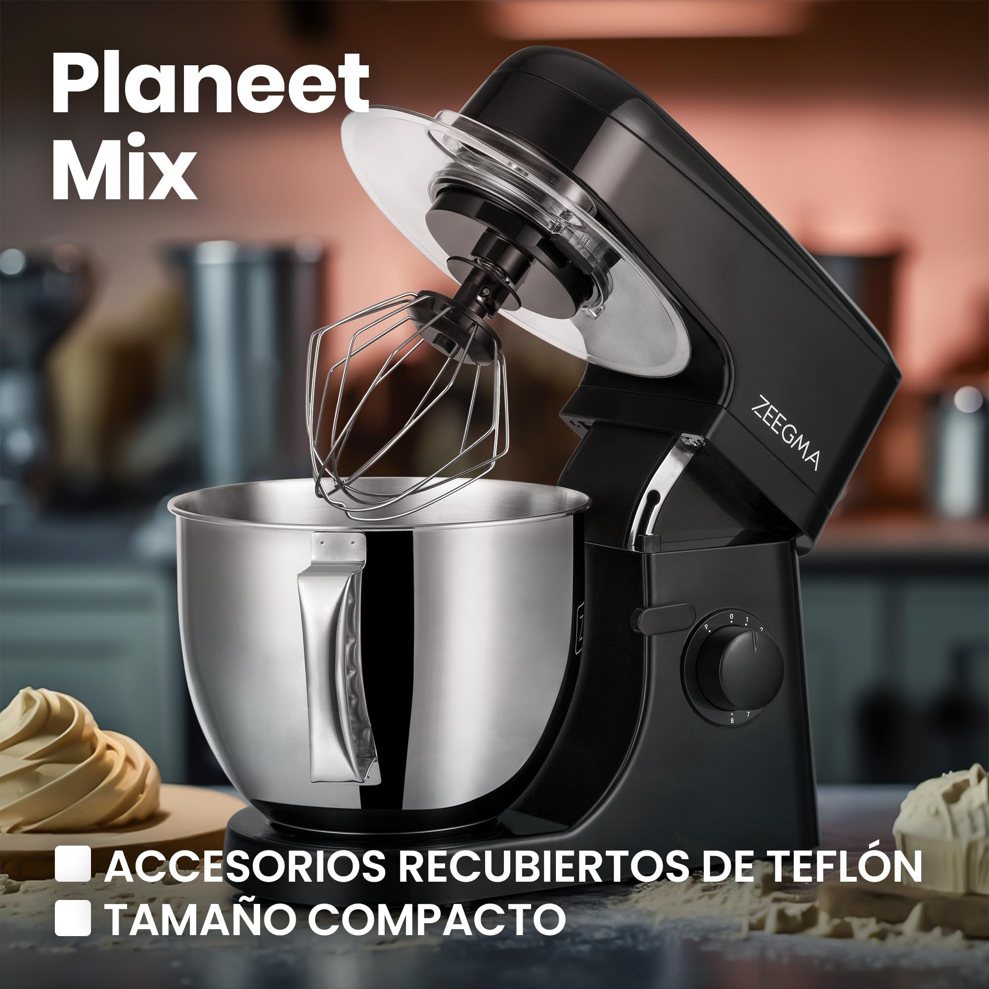 ZEEGMA Planeet MIX - Amasadora (1800 W, robot multifuncional con cuenco de 5 L, con asa y tapa, 8 velocidades, incluye panel táctil de 3 piezas) (Red)