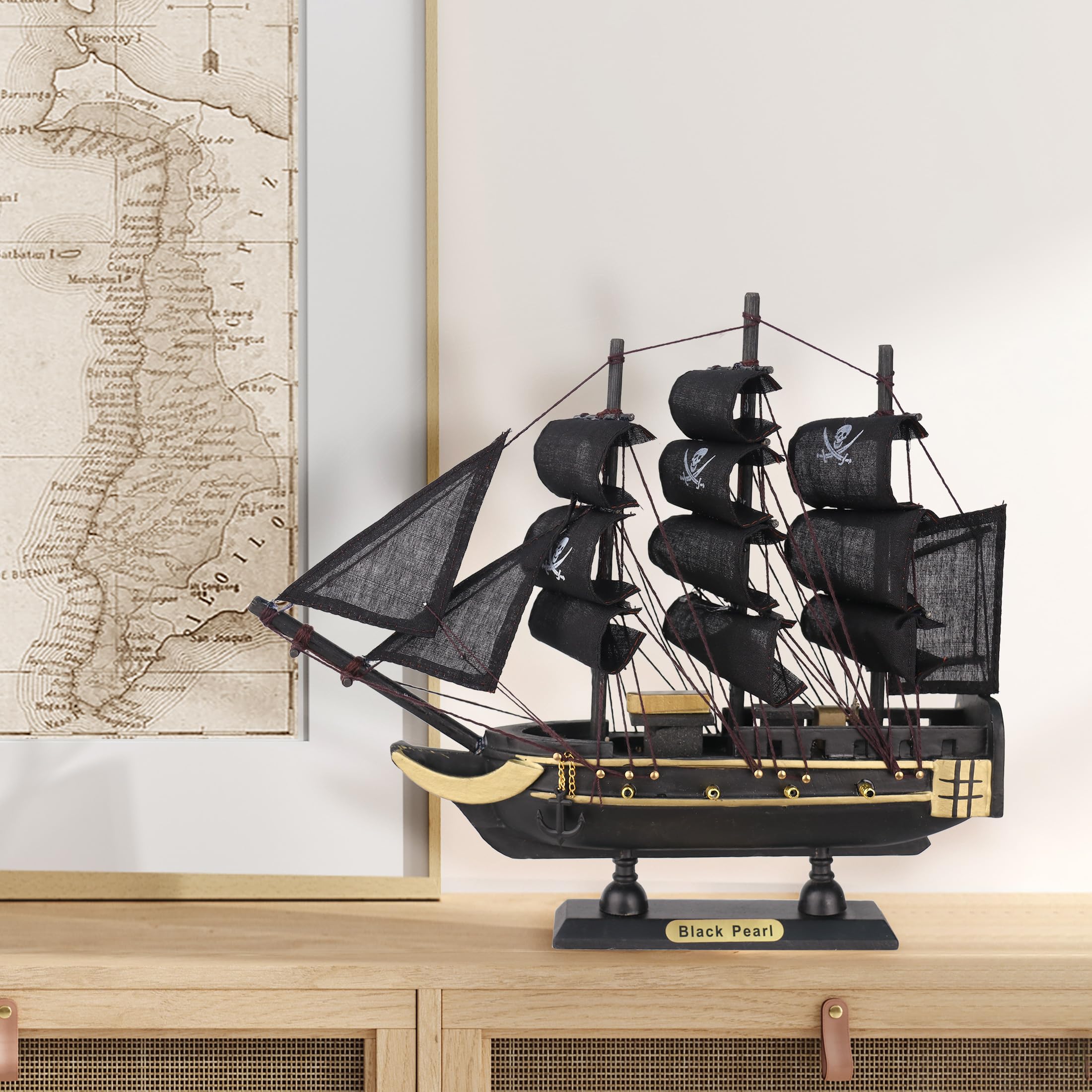 The Black Pearl – Bateau pirate en bois pré-construit 25,4 cm – Décoration nautique des Caraïbes entièrement assemblée (25,4 cm en bois noir perle)