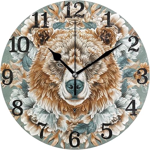 Reloj redondo de pared de 10 pulgadas, sin tictac, oso marrón bohemio, flores retro para interiores para baño, baño, oficina, reloj para cocina de