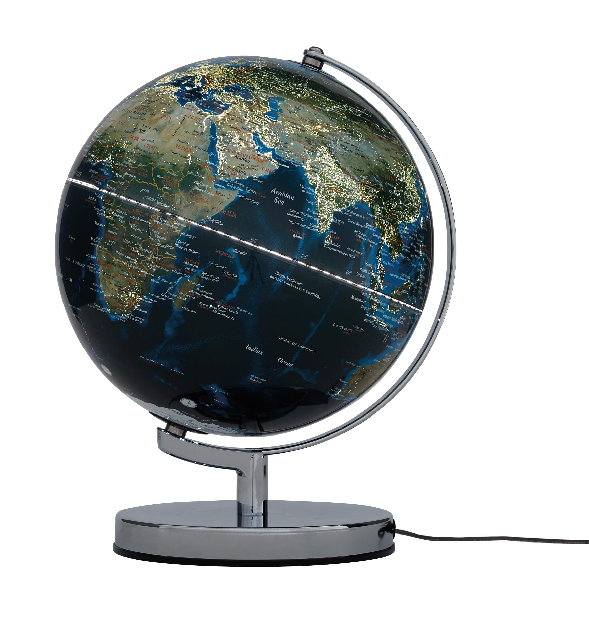 Globus mit 25 cm Durchmesser – TERRA LIGHT – integrierte Beleuchtung mit hell beleuchteten Metropolen – topografische Karte – verchromter Metallfuß – dunkelblau, grün – TROIKA Original