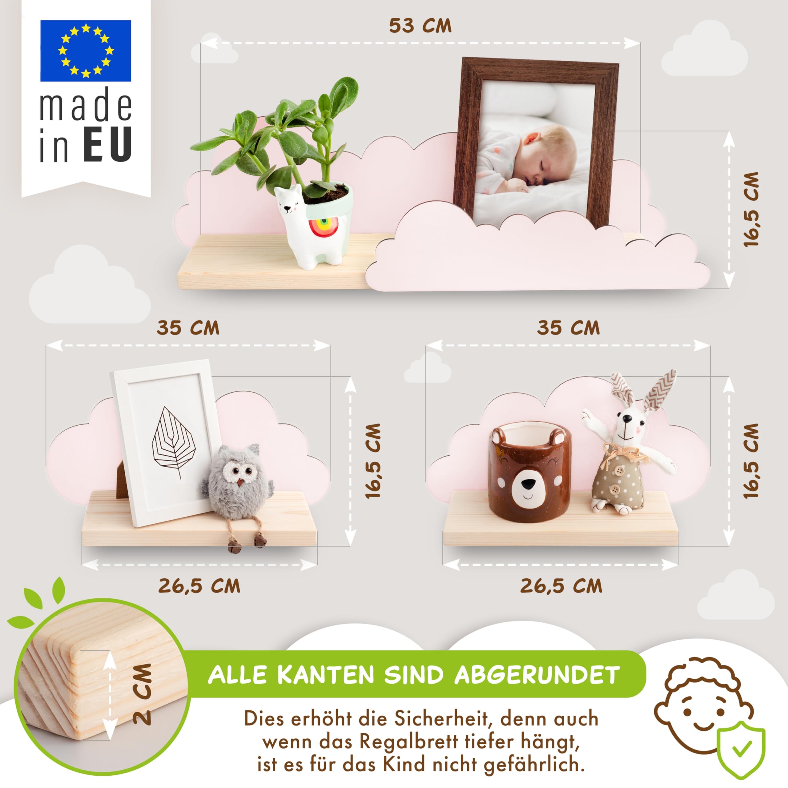 Outentin Wandregal Wolke aus Holz – 3er Set Kinderregal für Kinderzimmer & Babyzimmer – Handgefertigtes Holzregal aus Kiefer – Wandaufbewahrung & Deko für Spielzimmer, Bücher & Spielzeug - Rosa