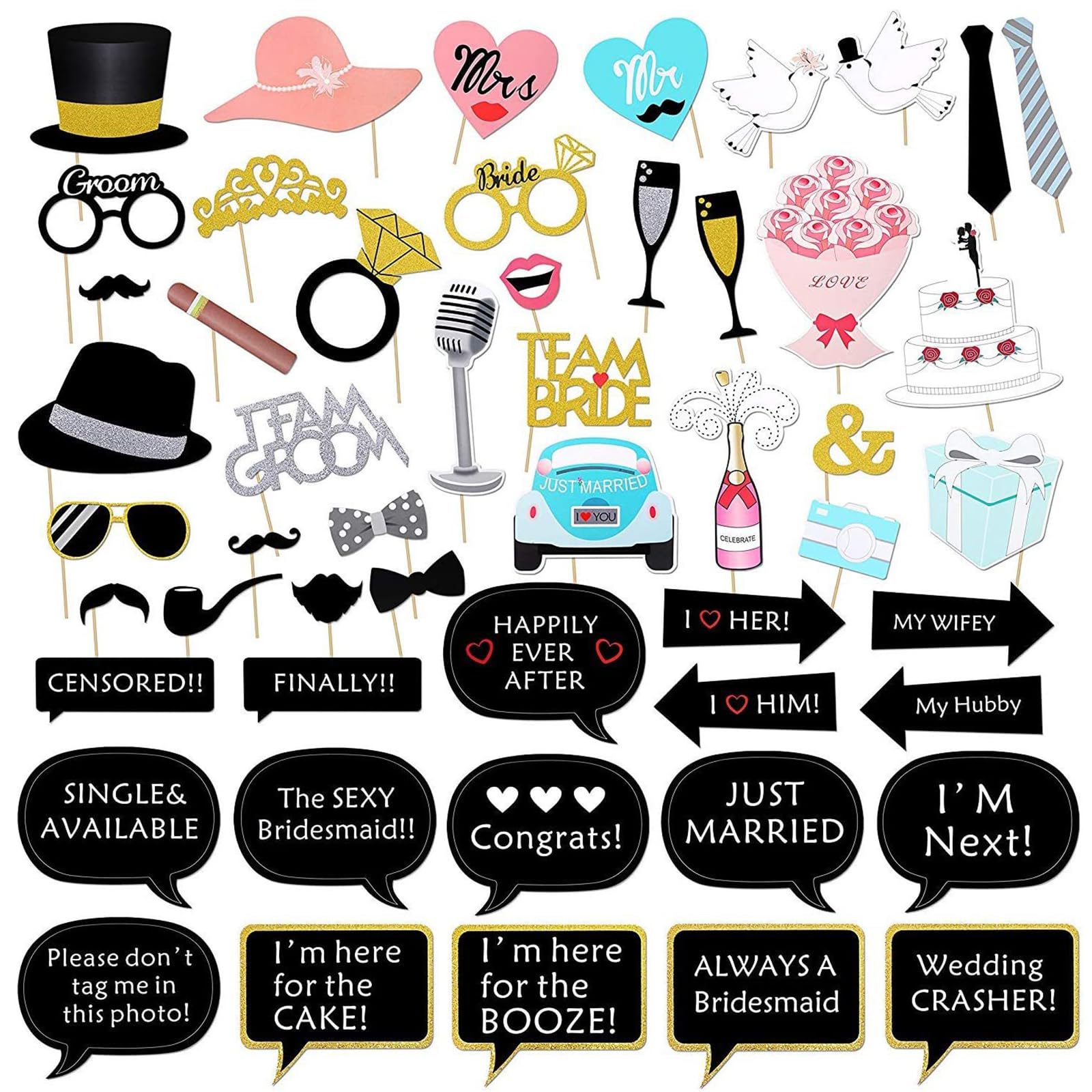 52 Piezas Accesorios Atrezzo para Cabina De Fotos para la decoración de la Boda favores de la huésped, Accesorios de la Cabina de la Foto de la Fiesta de Boda Accesorios de la Cabina
