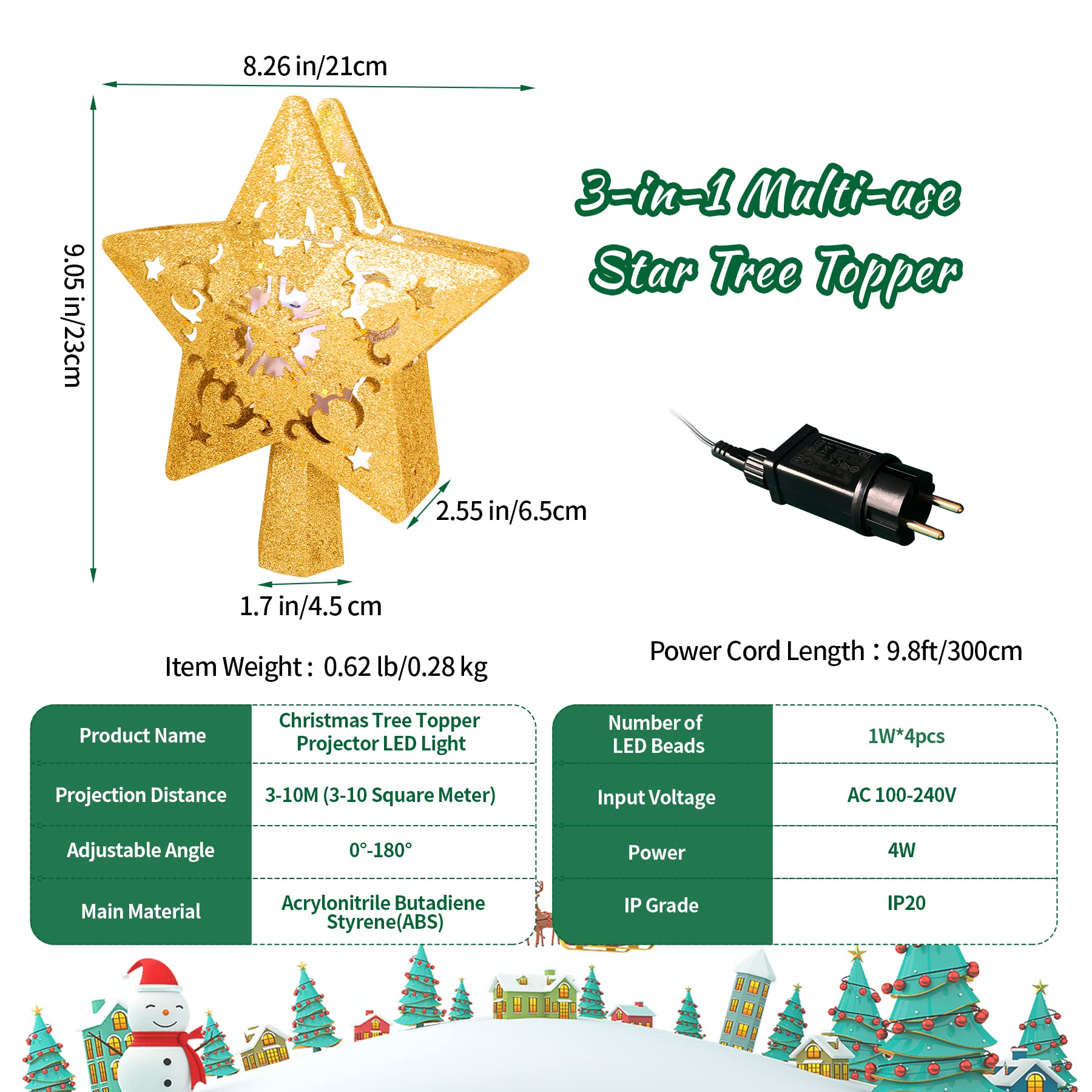 Stern Weihnachtsbaumspitze Christbaumspitze Beleuchtet mit Eingebautem Rotierendem LED-Projektor Tannenbaumspitze 23CM Glitzer Stern Spitze Baumspitze Christbaumkrone für Weihnachtsbaumschmuck
