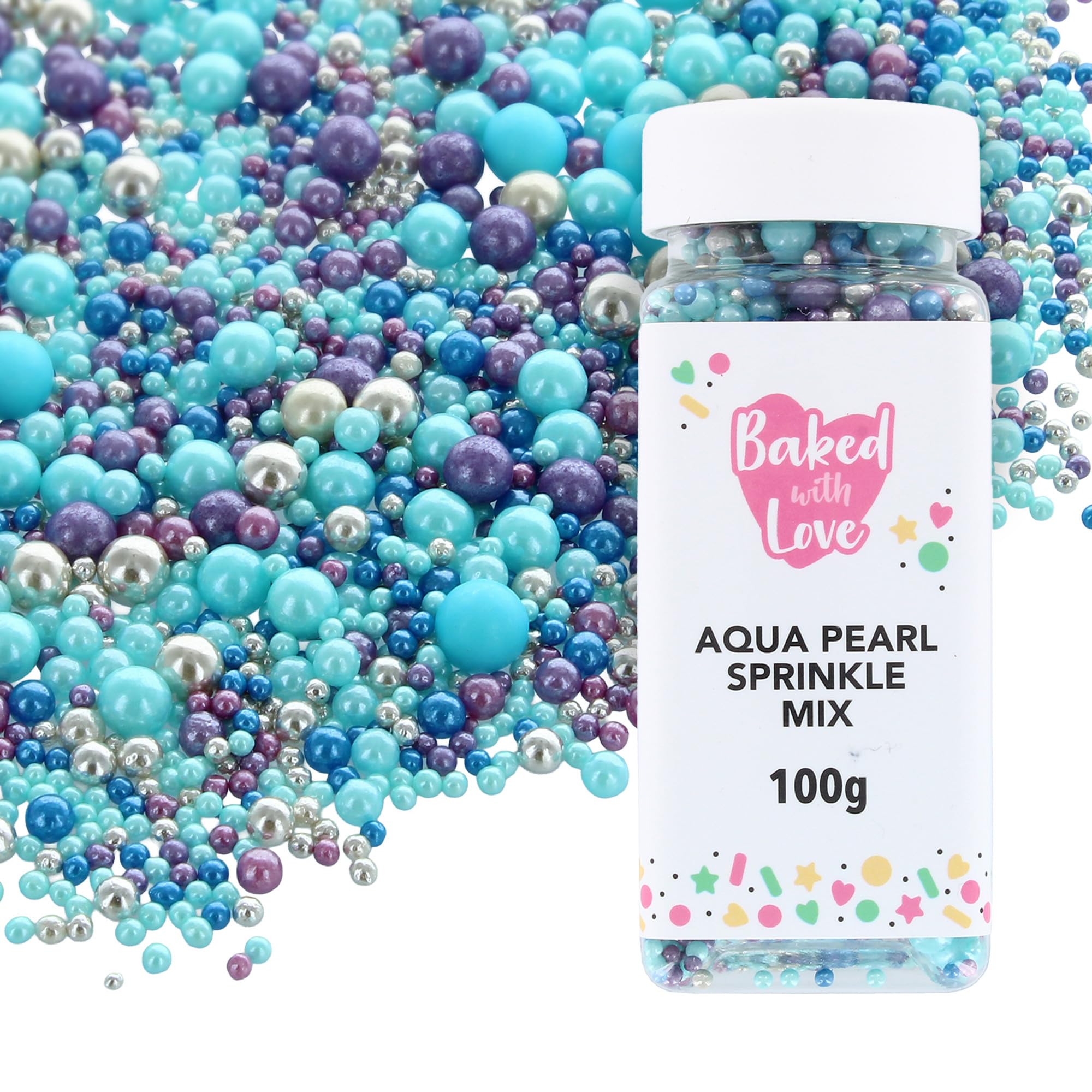 Aqua Pearl Sprinkles By Baked With Love | 100g | Blue, Purple, Silver Sugar Cake Sprinkles, Edible Cake Decorations, Sugar Balls For Cupcakes