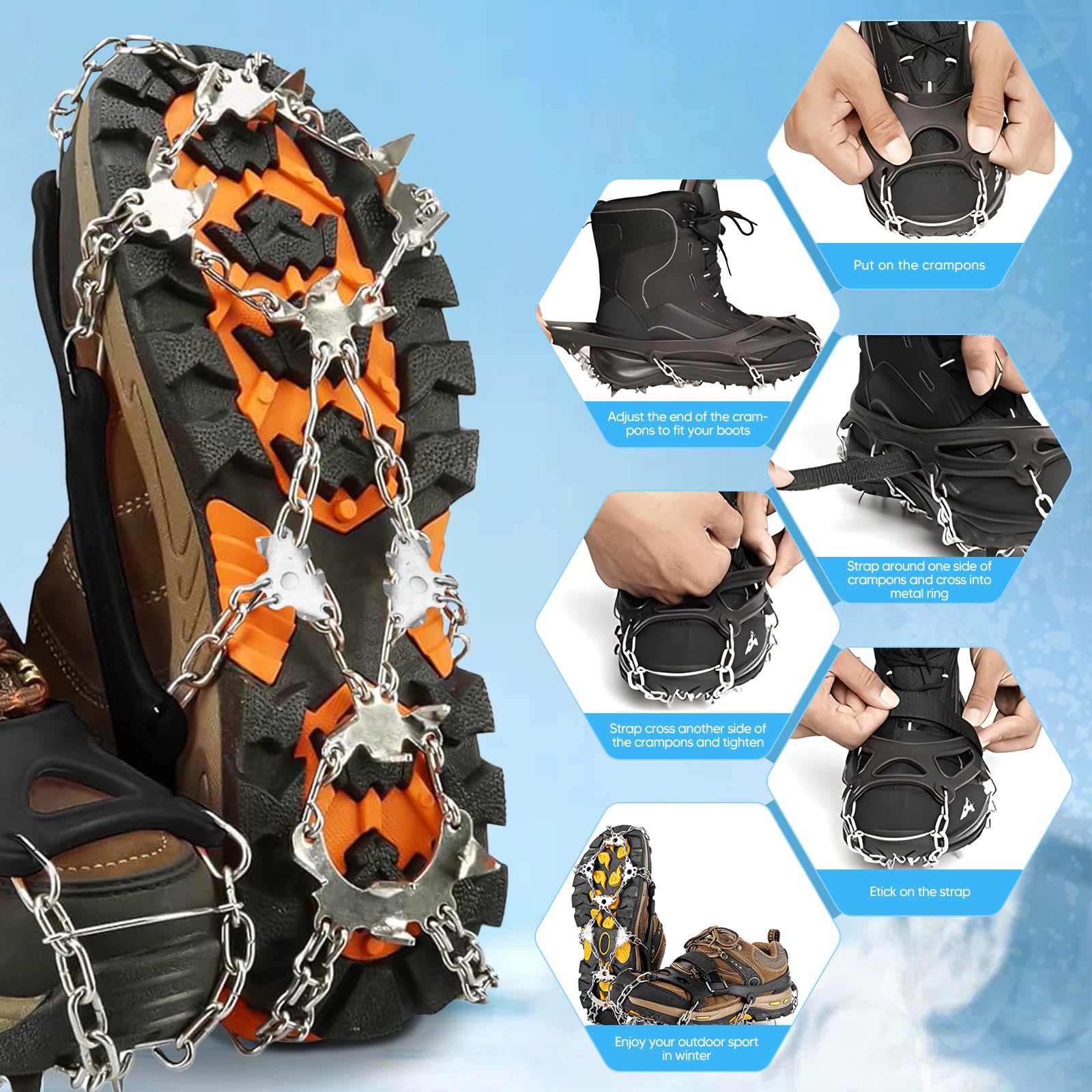 Crampons Neige 26 Dents ESMART - Chaussures Antidérapantes Acier Inox & TPE Pour Randonnée, Glace, Neige, Chasse, Jogging