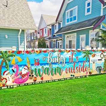 Summer Christmas Banner Decorations Baby Its Warm Outside Banner Summer Christmas Yard Sign with Beach Snowman Santa for Christmas Hawaiian Luau Party Decorations