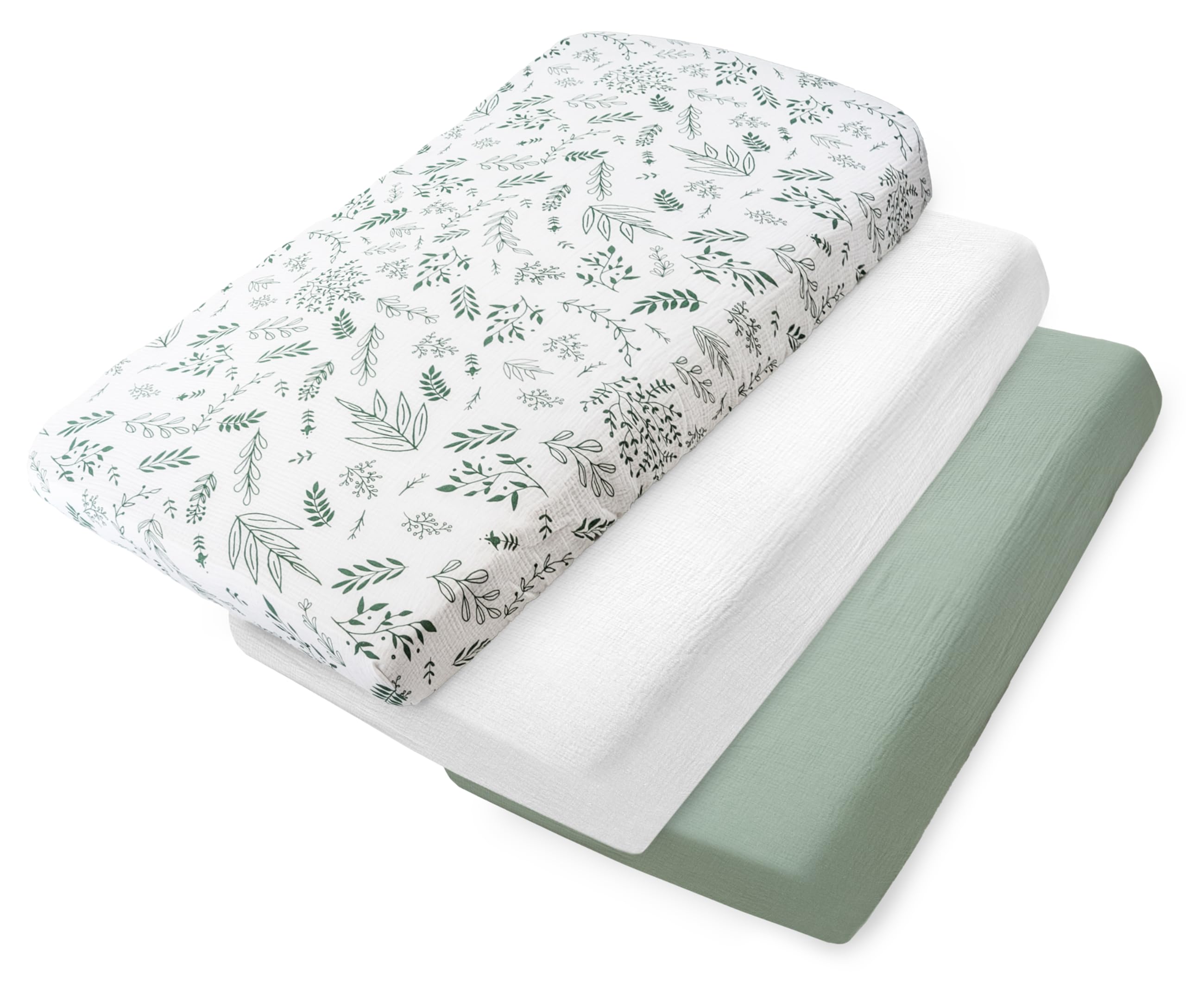 Medi Partners Drap Housse 60x120 Lot de 3 Draps lit Bebe Matelas Enfant Bébé - 100% Coton Fitted Draps Lit pour Baby Bed Cover Sheets Matela literie Mattress Couette(Feuille d'olivier-Blanche-Olive)