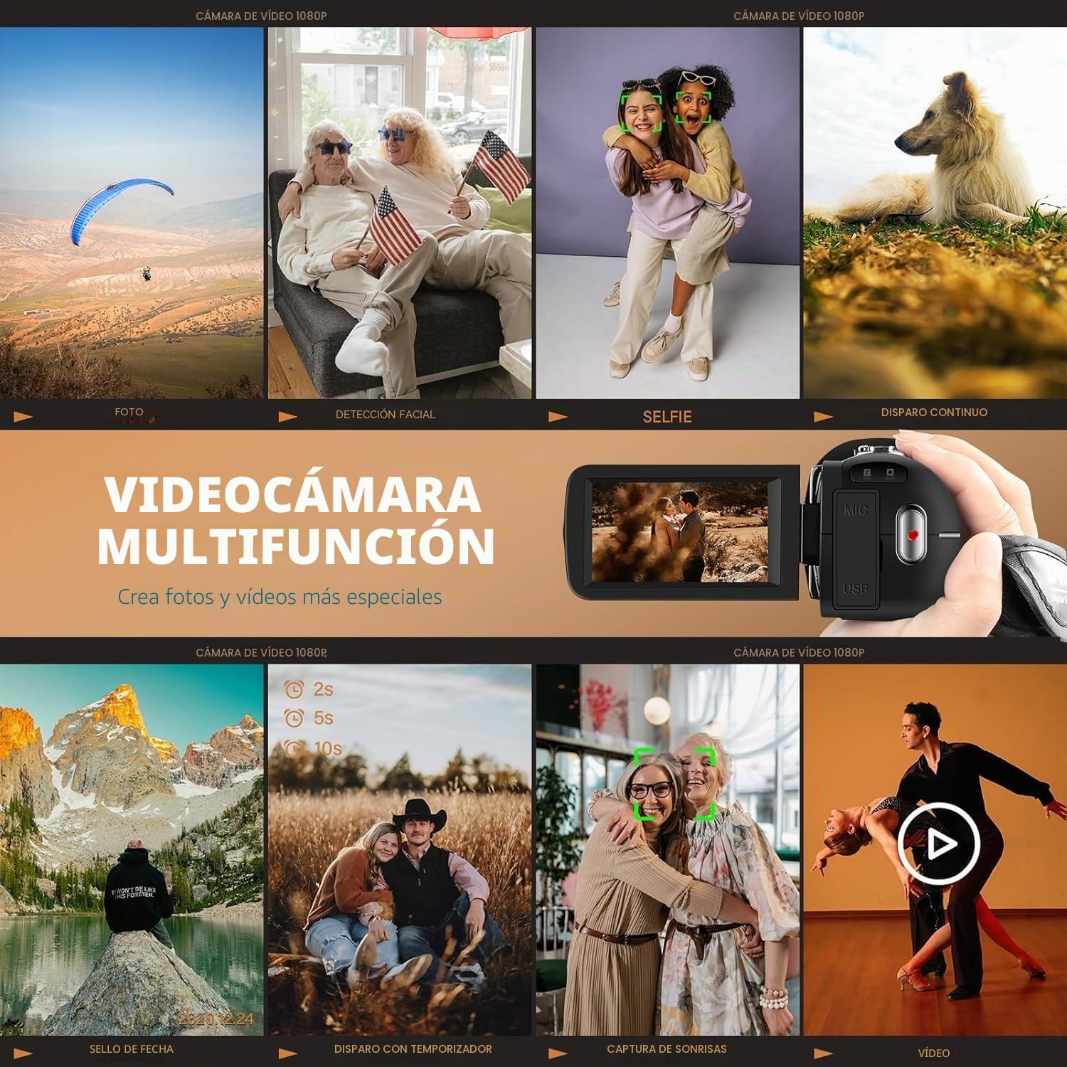 ORDRO B320 1080P con tarjeta de 16 GB, zoom digital 18x, visión nocturna, pantalla HD giratoria a 270°, cámara Full HD 1080p 30MP, 2 baterías doradas