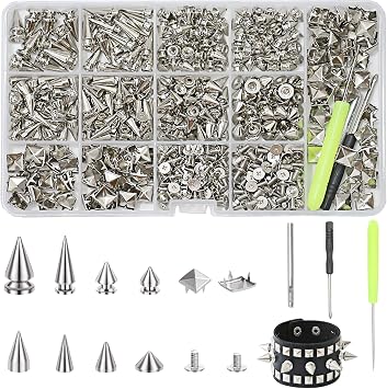 XKCWXY 600 Sets Punk Studs and Spikes Kit,8 Size Cone Spikes and Square Pyramid Studs for Clothing,Metal Tree Spikes Studs for Leathercraft and Punk Style Clothing Accessories DIY Craft Decoration