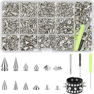 XKCWXY 600 Sets Punk Studs and Spikes Kit，8 Size Cone Spikes and Square Pyrami Studs for Clothing,Metal Tree Spikes Studs for Leathercraft and Punk Style Clothing Accessories DIY Craft Decoration