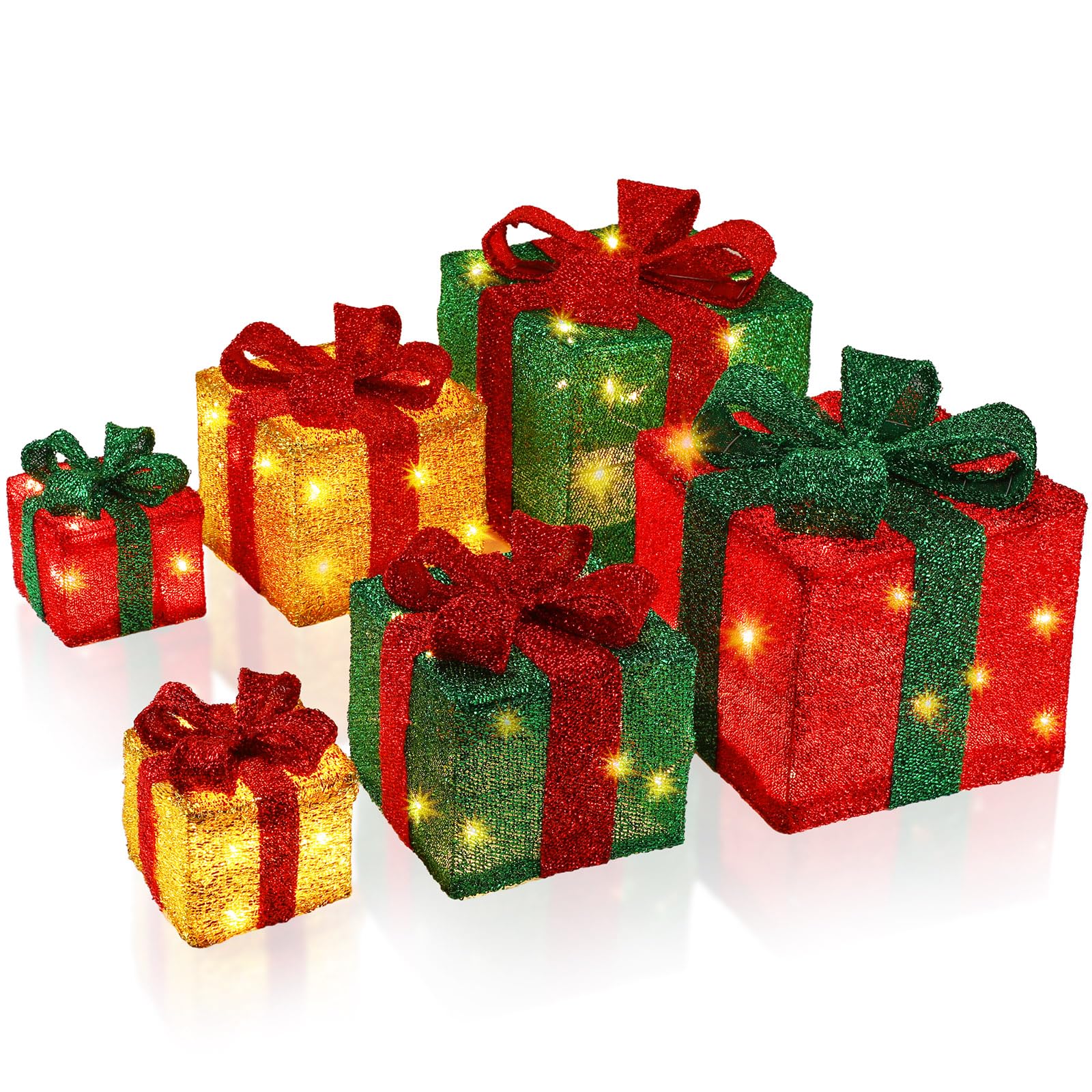Qilery 8'' 6" 4" Set of 6 Christmas Lighted Gift Boxes, 60 LED