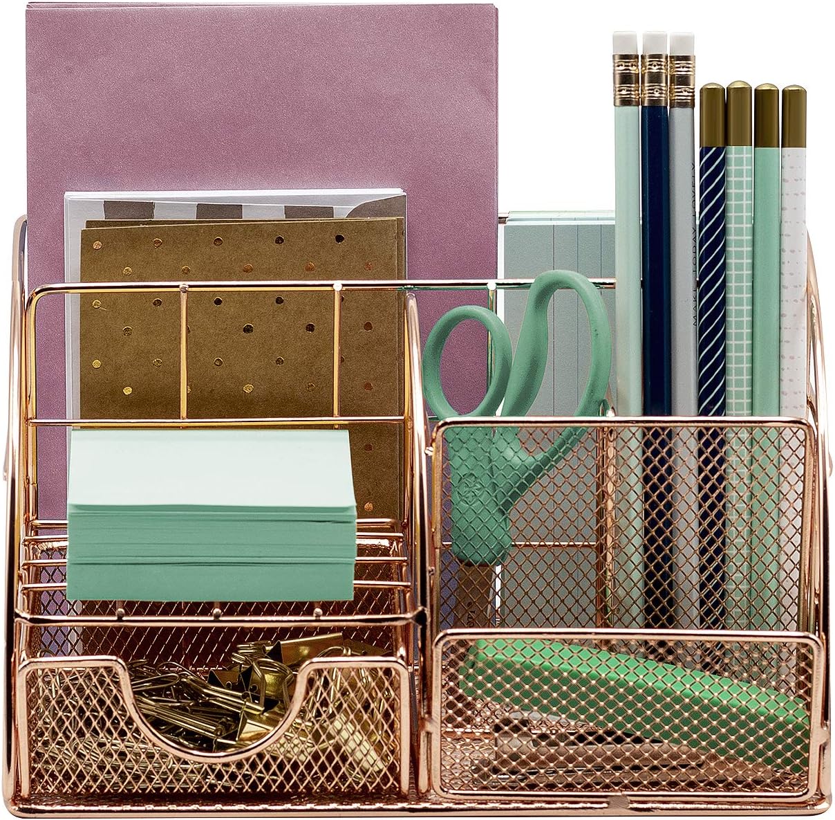 Sorbus Rose Gold Desk Organizer for Women, Cute Office Accessories Decor, Desktop Caddy Supplies Organization Includes Pen/Pencil Holder, Mail Organizer, and Sliding Drawer for Home or Office(Copper/Rose Gold) : Office Products