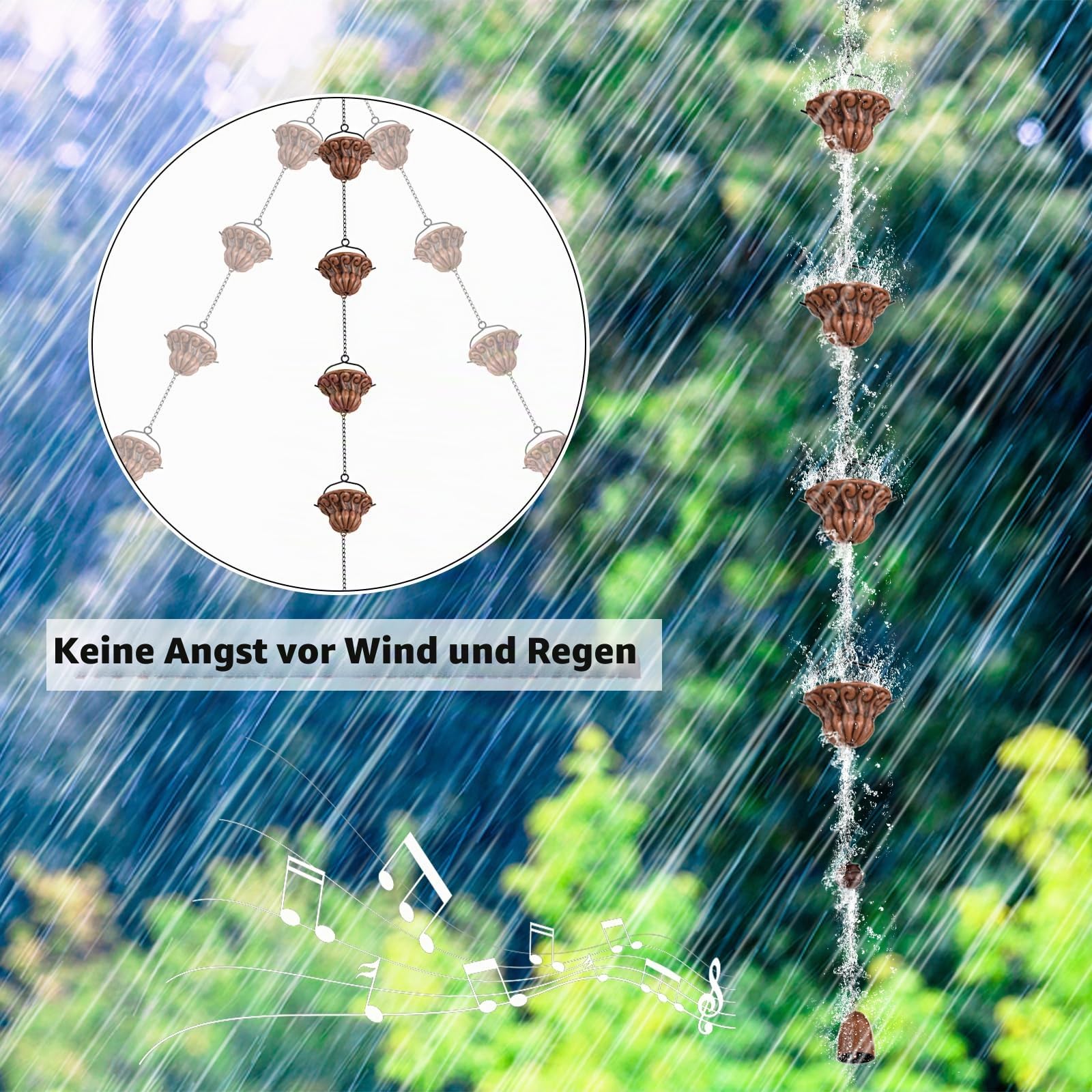 262CM Regenwasserkette Metall Dachrinnenkette Regenablaufkette, Hängende Regenkette Regenglocken für Dachrinne, Regenkette Ablaufkette für Außen Gartendekoration