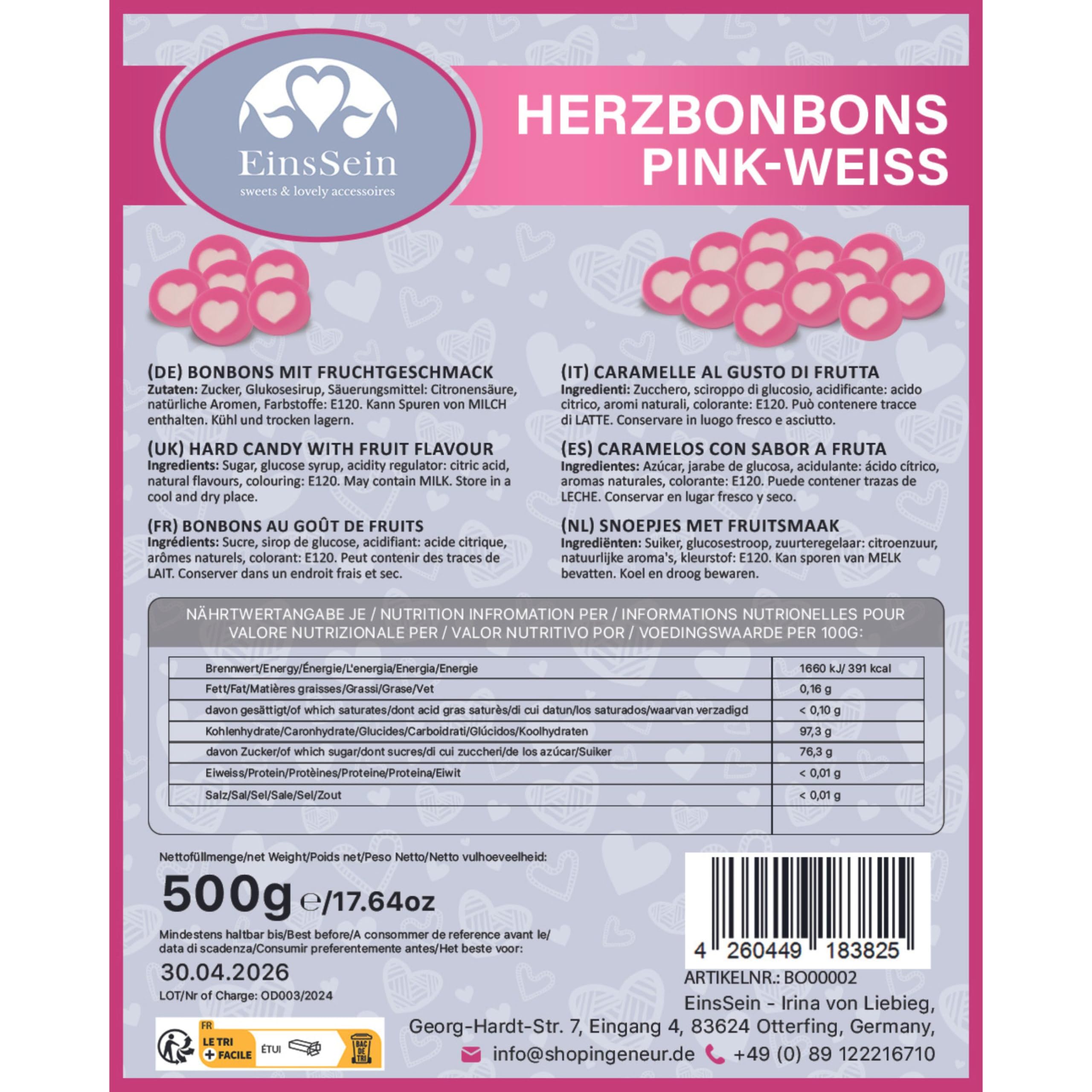 EinsSein Herzbonbons rot mit Weiß 500g | handgemachte Bonbons Herzform | Gastgeschenke Hochzeit Taufe Valentinstag Muttertag Kommunion | Essbare Tischdeko & Süßigkeiten Großpackung Herz