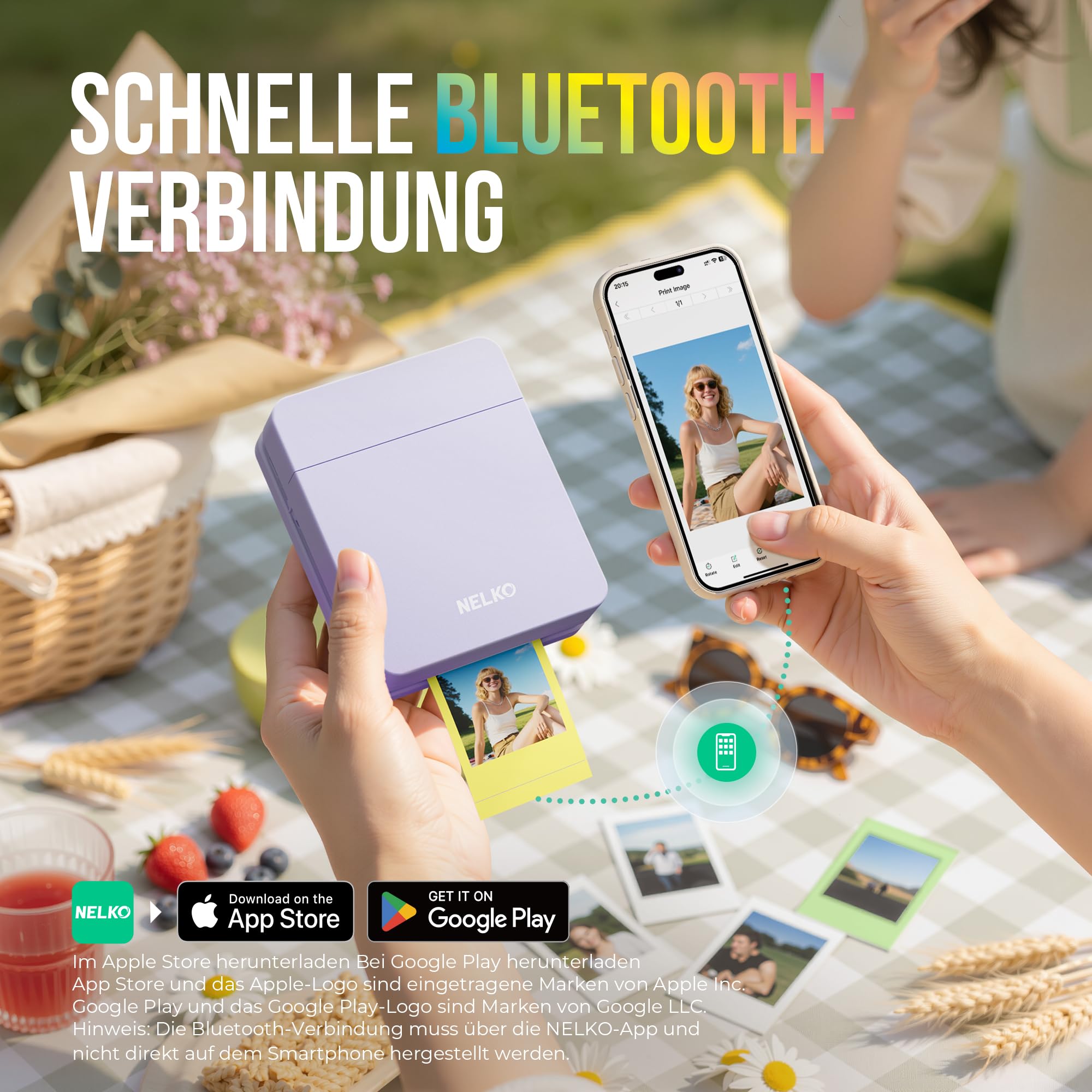 Nelko PP01 Mini Fotodrucker Tintenstrahl Aufkleber Drucker für Smartphone mit 20 Fotopapier, Lila