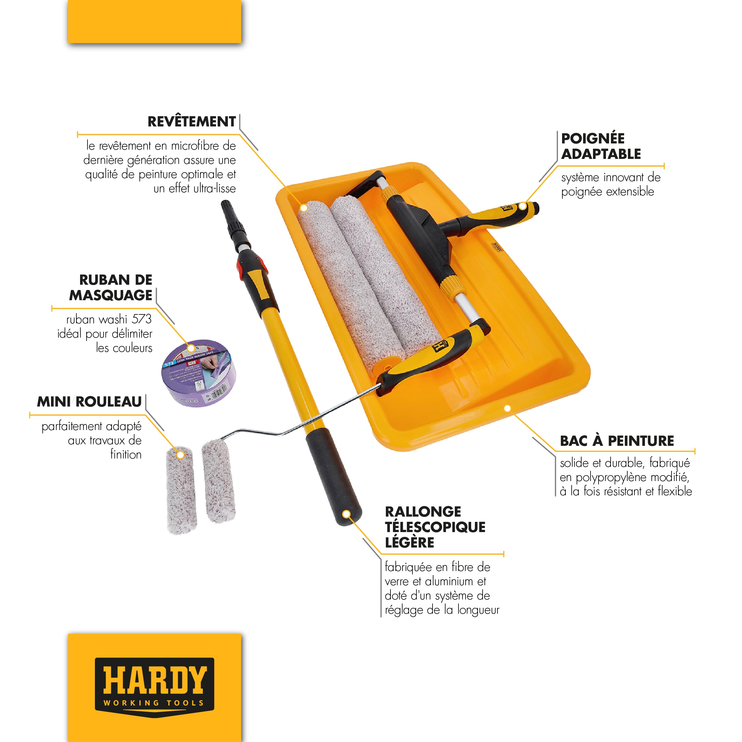 Kit de peinture Hardy Working Tools 7 pièces Speedy 40, rouleaux à peinture grands (40 cm), rouleaux à petits (10 cm), bac à (58 cm), manche télescopique de 60 cm à 94 cm, ruban de masquage