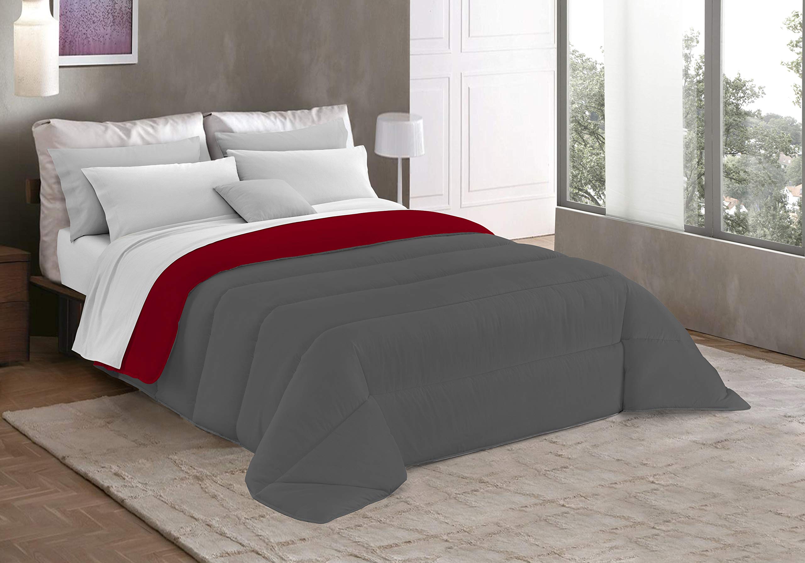 Italian Bed Linen Basic Winter Quilt, Single, Bordeaux/Dark Grey
