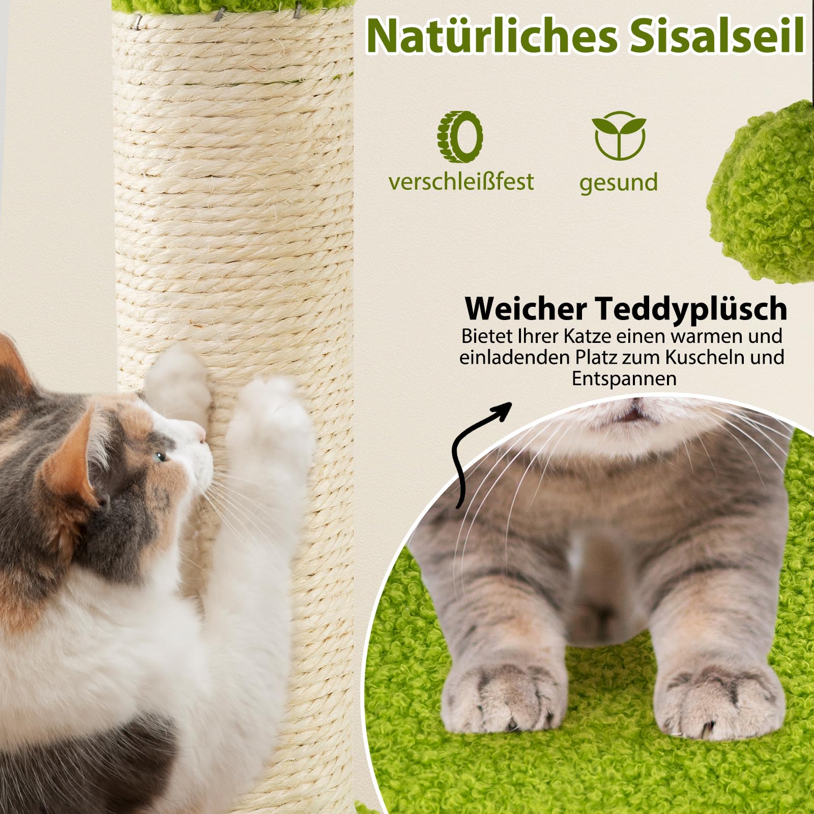 COSTWAY Kratzbaum, Katzenbaum mit Katzenhöhle, künstlichen Blättern, Katzenbürste, Liege, Sisal-Kratzpfosten, Plattformen & Bällen, Kletterbaum Katzen Katzenkratzbaum, 122 cm hoch, Grün+Orange