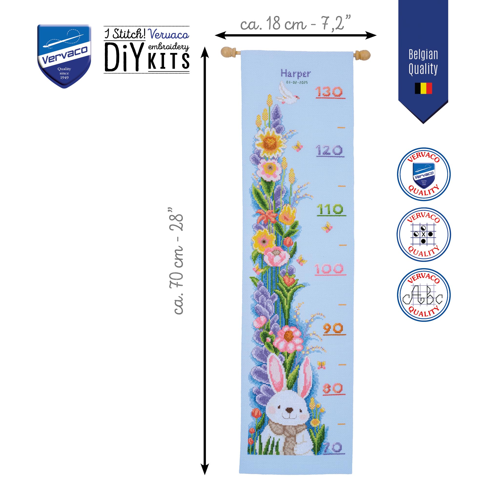 VERVACO Haft Krzyżykowy Liczony Zestaw Miarka Wzrostu dla Dzieci KRÓLIK W OGRODZIE Zrób to Sam Zestaw Kreatywny dla Dorosłych 18 x 70 cm Dekoracja Ścienna DIY Cross Stitch Kit