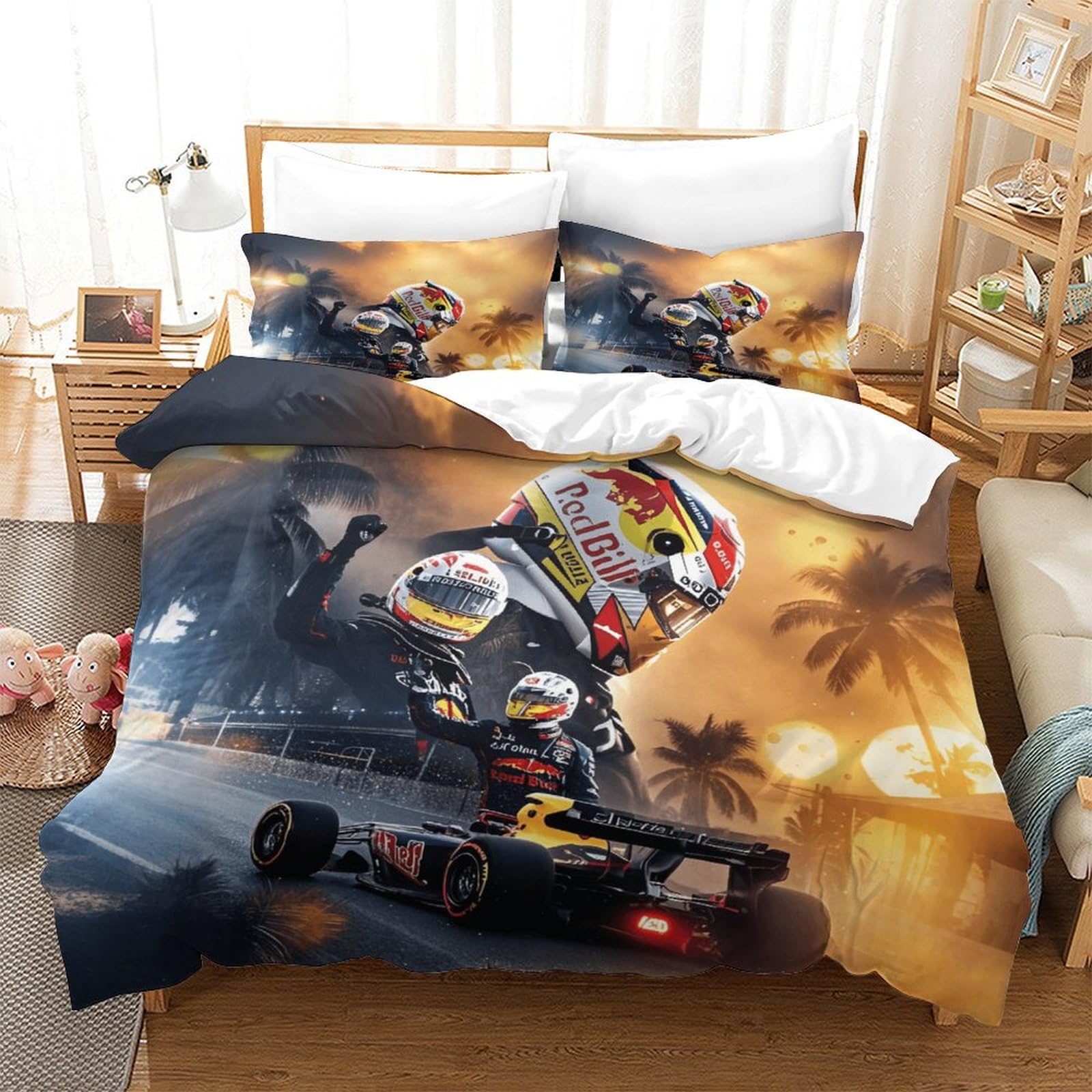 Grand Prix Racing BullRacing Luxe Bedding Set Hidden Zipper Formula racing Duvet Cover Set with Pillowcases Quilt Cover SetSoft Microfiber Comforter Cover for Kids Adults Double（200x200cm）