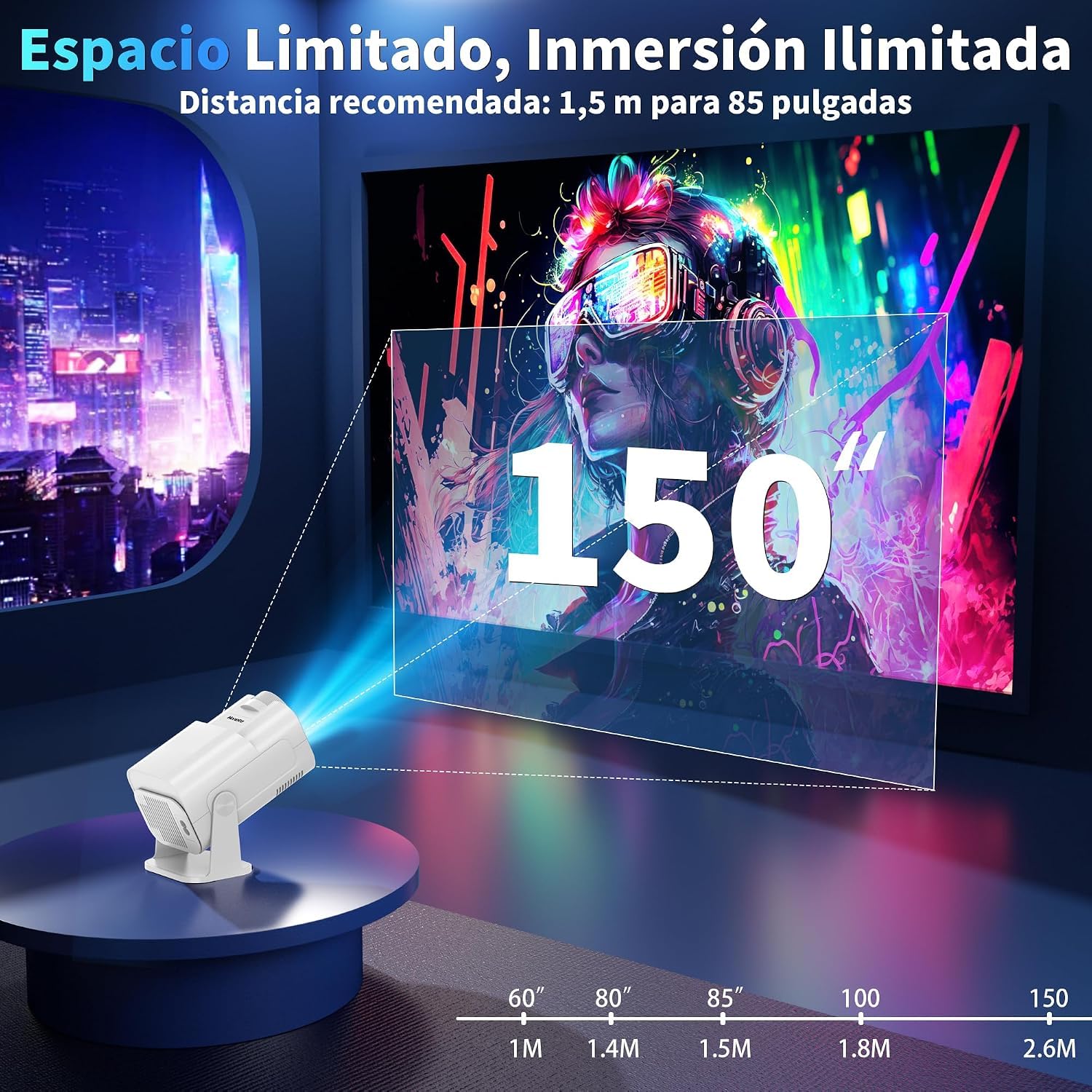 [App Integrada] 2026 Upgraded Mini Proyector 4K 1080P Proyector Vídeo con WiFi 6 Bluetooth 5.2 Support Gira 270° Corrección Trapezoidal Automática para HDMI/Stick/TV PC/USB, Blanco