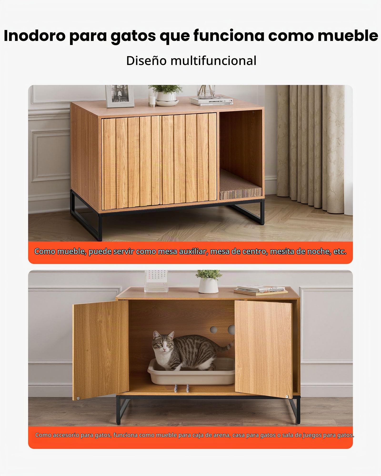 VEVOR Armario de Almacenamiento para Caja de Arena para Gatos, Escondite con Rascador, con Patas de Metal, Apto para la Mayoría de Cajas de Arena, para Sala de Estar, 80 x 51 x 56,8 cm, Madera